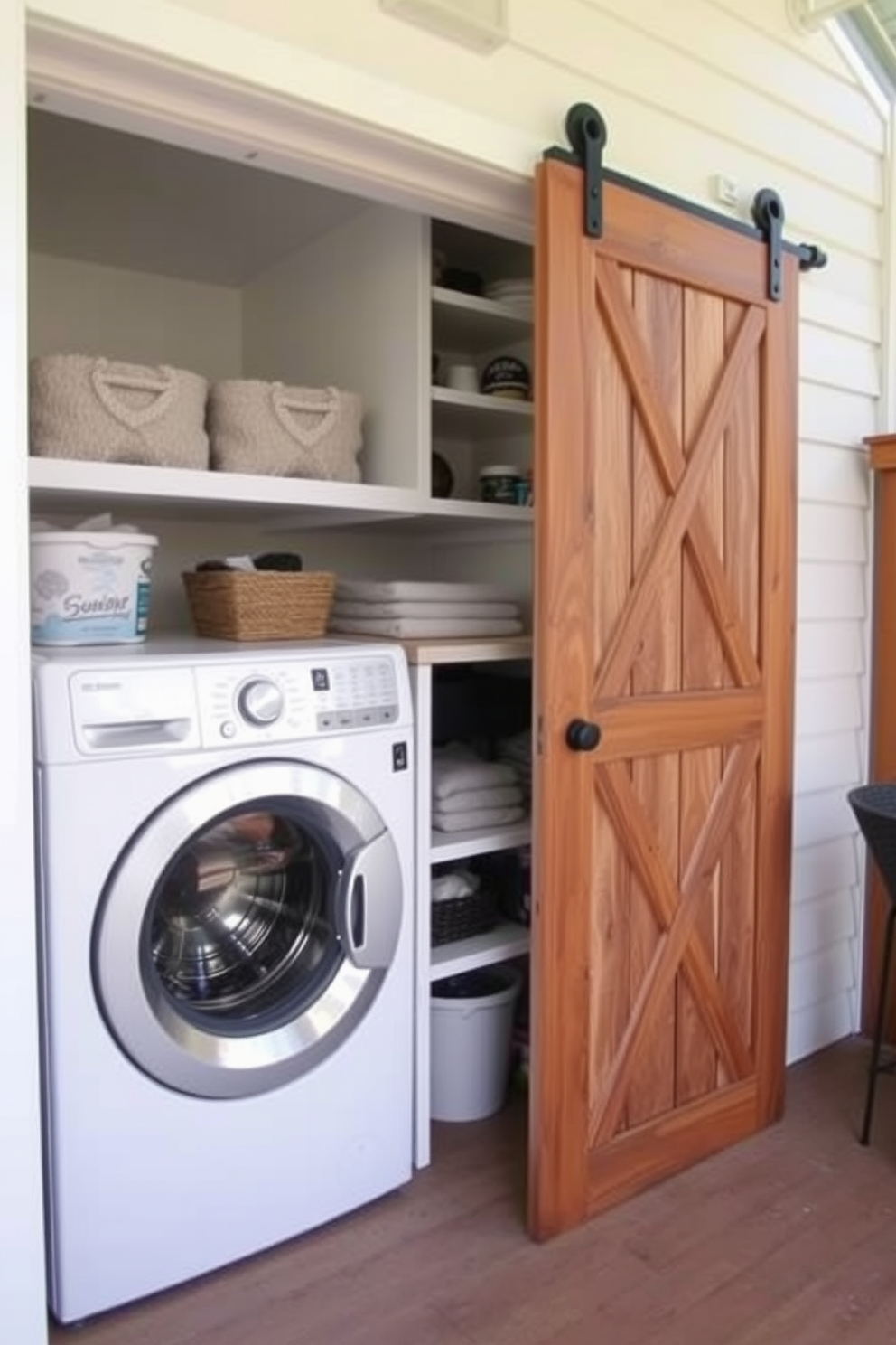 A charming outdoor laundry room features a sliding barn door made of reclaimed wood, adding a rustic touch to the space. The room is equipped with a stylish washer and dryer, surrounded by open shelving for easy access to laundry supplies.