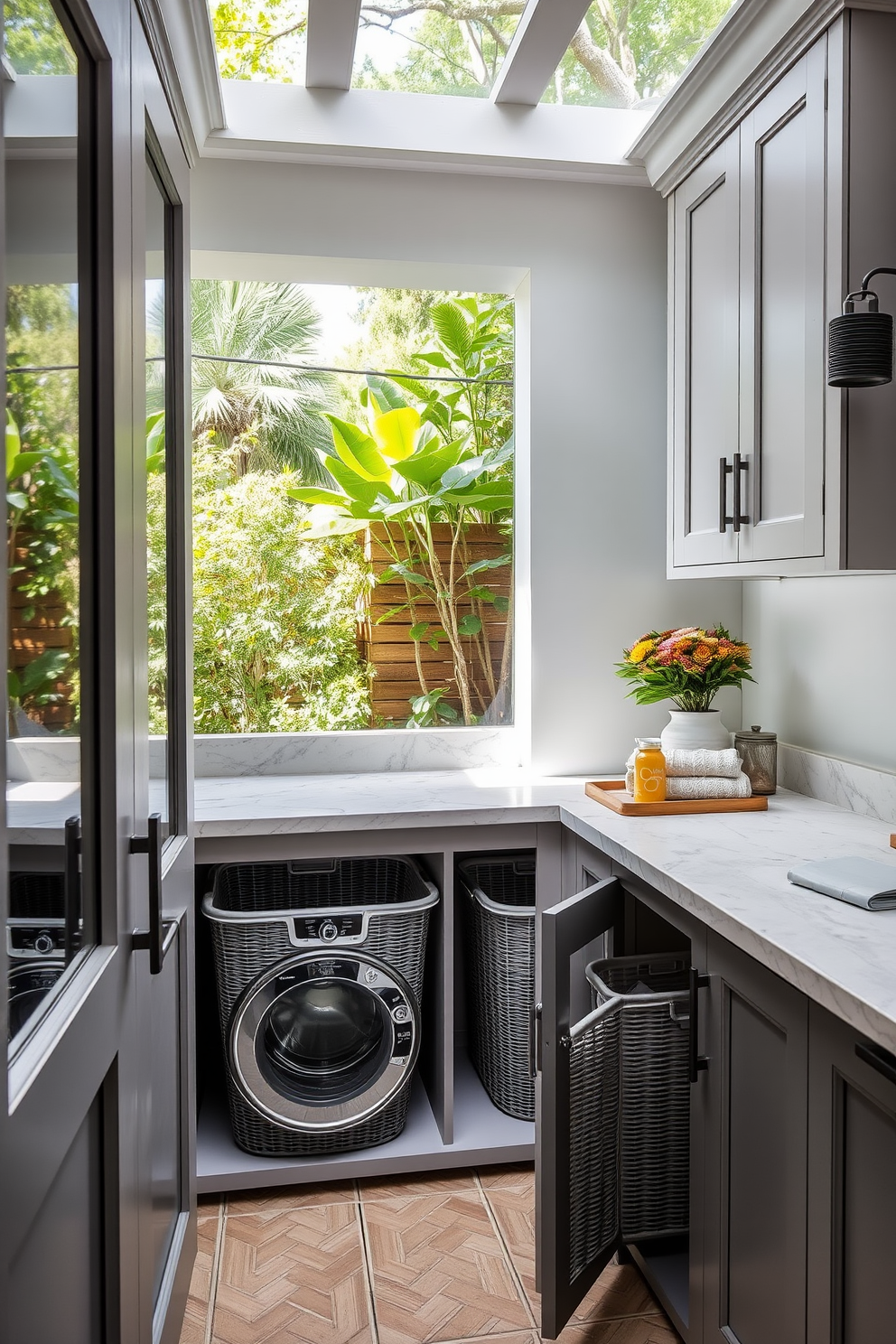 A functional outdoor laundry room features cabinetry that seamlessly integrates stylish laundry baskets for easy access and organization. The space includes a countertop for folding clothes, surrounded by greenery and natural light, creating a refreshing atmosphere for laundry tasks.