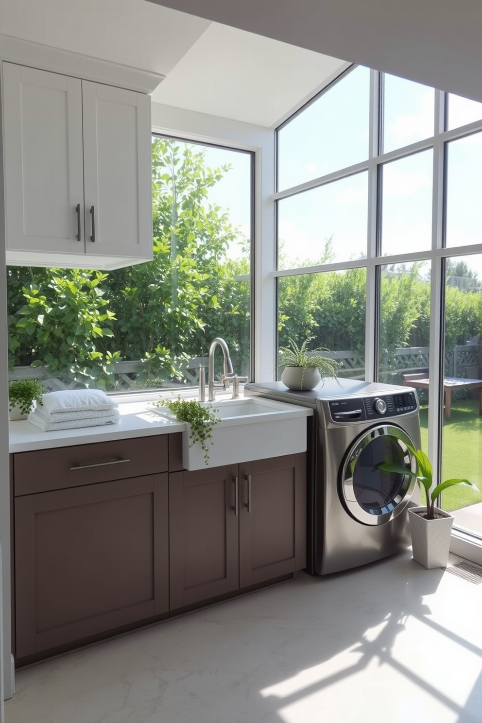 A bright laundry room featuring large windows that overlook a lush backyard filled with greenery. The space includes a spacious countertop for folding clothes, with built-in cabinets above for storage and organization. The laundry appliances are sleek and modern, positioned side by side for easy access. A stylish sink is integrated into the countertop, surrounded by decorative plants that add a refreshing touch to the room.