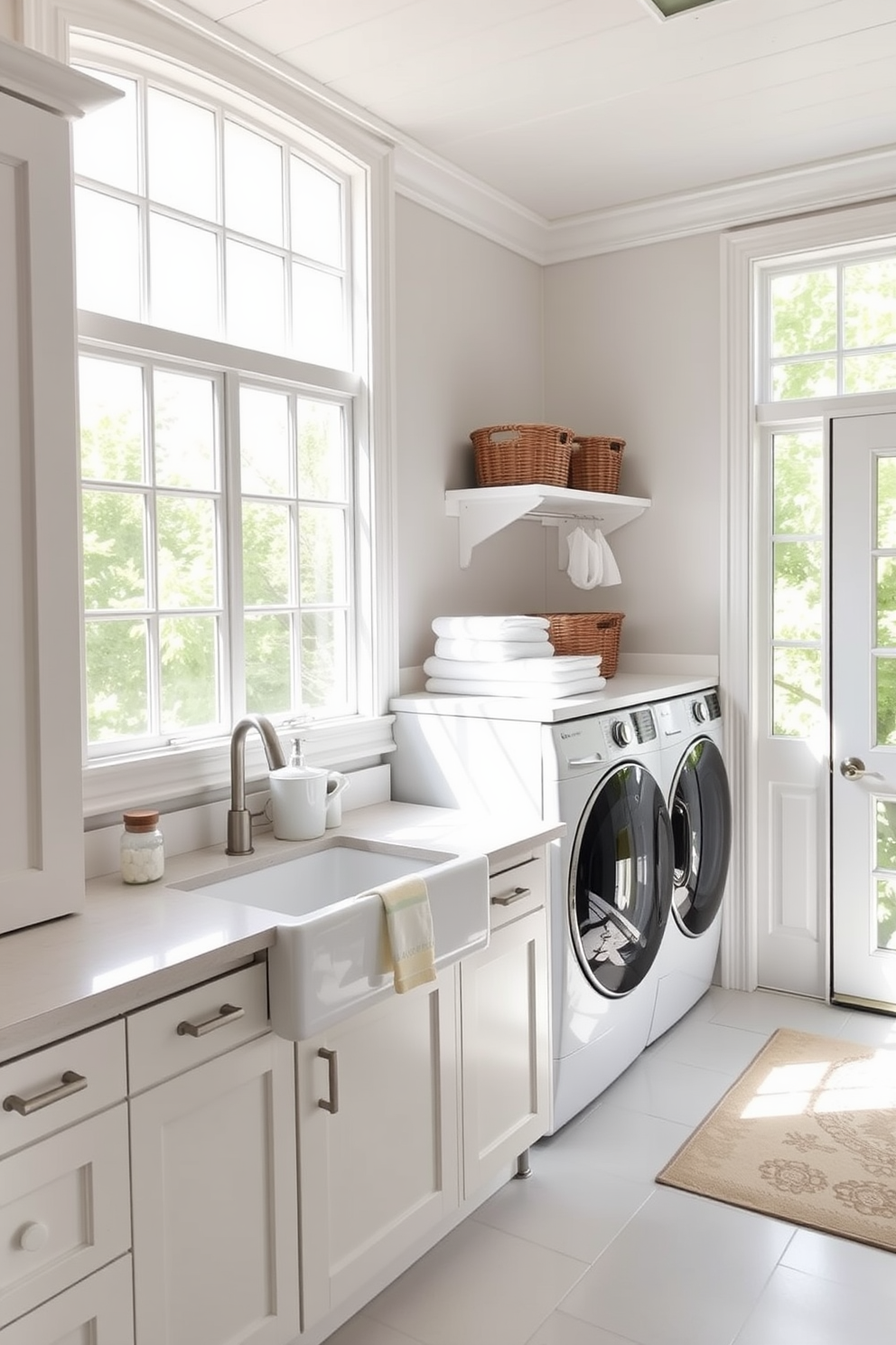 Bright and airy space with large windows. The laundry room features a spacious layout with white cabinetry and a farmhouse sink. Natural light floods the room, highlighting the soft pastel colors of the decor. A stylish drying rack and wicker baskets add functionality and charm to the space.