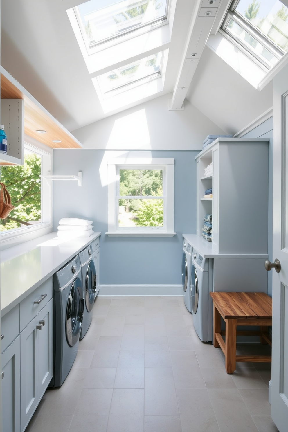 A bright and airy outdoor laundry room filled with natural light from skylights. The space features a large countertop for folding clothes, with open shelving above for storage and organization. The walls are painted in a soft blue hue that complements the greenery outside. A stylish washing machine and dryer are neatly tucked into cabinetry, with a rustic wooden bench for added functionality.