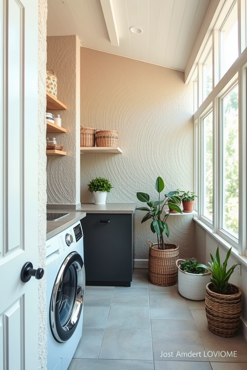 A charming outdoor laundry room features textured walls that add depth and character to the space. The room is equipped with a stylish washer and dryer, complemented by open shelving for easy access to laundry essentials. Natural light floods in through large windows, creating a bright and inviting atmosphere. Potted plants and decorative baskets enhance the aesthetic while providing practical storage solutions.