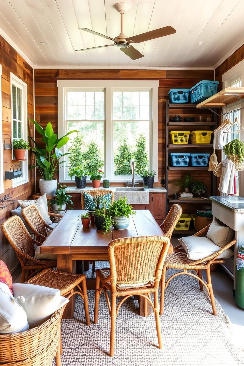 Outdoor inspired decor with natural elements. The space features a rustic wooden table surrounded by woven chairs, adorned with potted plants and a centerpiece of fresh herbs. The walls are decorated with reclaimed wood panels, and large windows allow ample natural light to flood in. A cozy seating area with soft cushions and a natural fiber rug completes the inviting atmosphere. Outdoor laundry room design ideas. The room includes a farmhouse sink made from stone, paired with open shelving made of reclaimed wood for storage. Brightly colored baskets for laundry are neatly arranged, and a wall-mounted drying rack adds functionality.