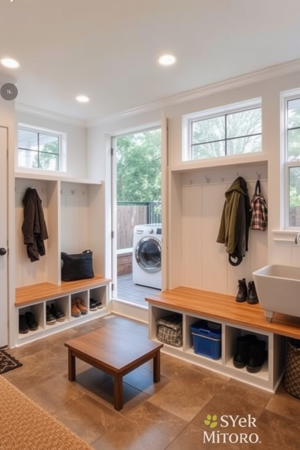 A practical mudroom features ample storage with built-in benches and cubbies for shoes and coats. The walls are painted in a light, durable color, and the floor is covered with waterproof tiles for easy cleaning. Outdoor laundry room design ideas include a spacious layout with a combination of open shelving and cabinets for storage. The area is equipped with a utility sink and features large windows that allow natural light to brighten the space.