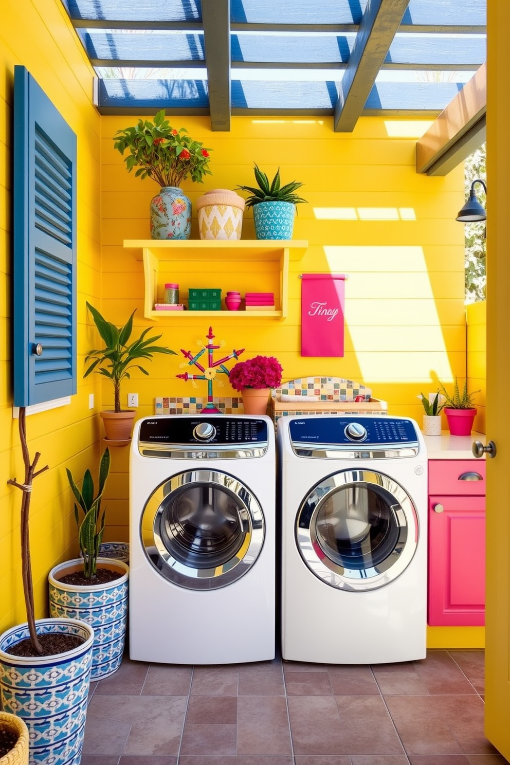 A vibrant outdoor laundry room featuring bright yellow walls that radiate warmth and cheer. The space includes a stylish washer and dryer set with colorful cabinetry and open shelving for storage. A cheerful backsplash in a playful mosaic pattern adds a fun element to the design. Potted plants and decorative accessories in bold hues bring life to the area, creating an inviting and functional laundry space.