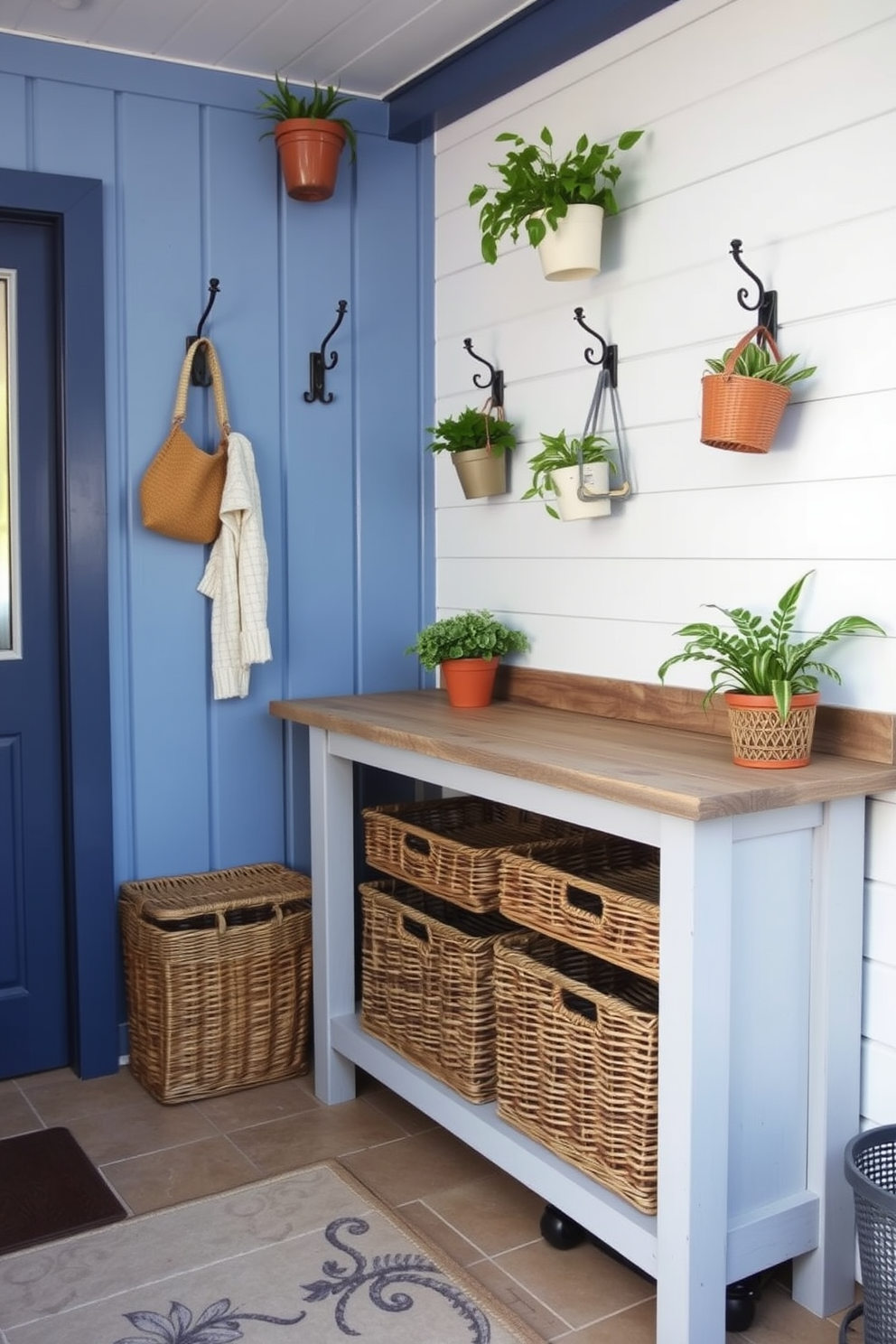 A charming outdoor laundry room featuring decorative hooks for hanging essentials. The walls are painted in a soft blue hue, and the space is adorned with potted plants for a refreshing touch. A rustic wooden countertop provides ample space for folding laundry, while wicker baskets are neatly arranged below for storage. The flooring consists of weather-resistant tiles that complement the overall aesthetic.