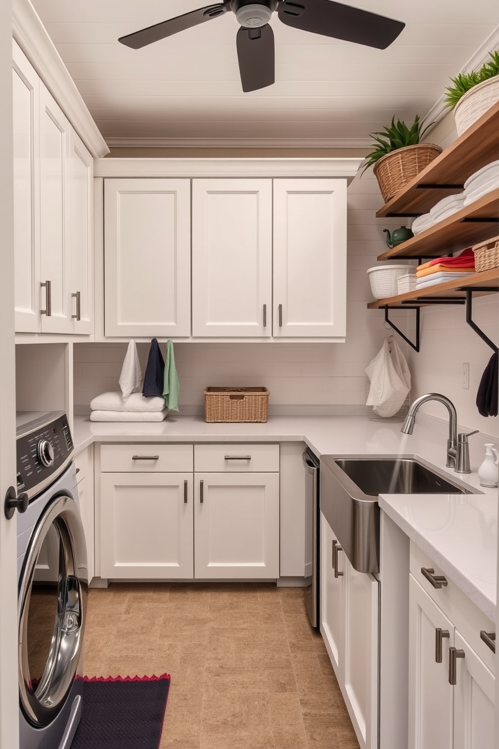 A functional outdoor laundry room designed for smooth workflow features a spacious layout that includes a large countertop for folding clothes and a deep sink for handwashing. The room is equipped with ample storage cabinets and shelves to keep laundry supplies organized and easily accessible.