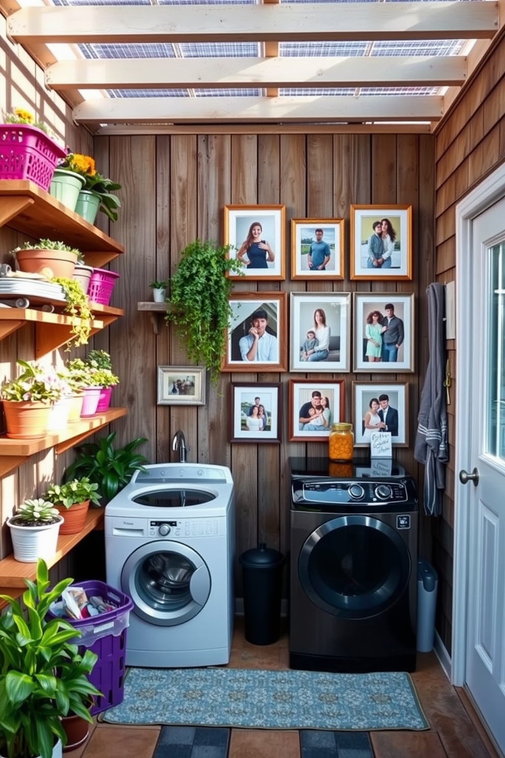 A cozy outdoor laundry room that blends functionality with charm. There are wooden shelves lined with potted plants and colorful baskets, creating an inviting atmosphere. Personalized decor featuring framed family photos displayed on a rustic wooden wall. The photos are arranged in a gallery style, surrounded by decorative elements that reflect cherished memories.