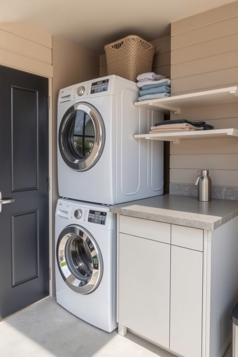 A compact outdoor laundry room featuring stacked appliances for space efficiency. The room is designed with a sleek, modern aesthetic, incorporating a durable countertop for folding clothes and ample storage above the appliances.