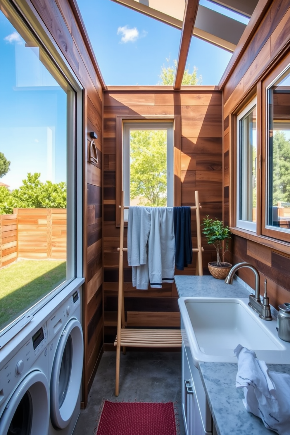 A serene outdoor laundry room featuring eco-friendly materials. The walls are constructed from reclaimed wood, and the countertops are made of recycled composite stone. Natural light floods the space through large windows, enhancing the bright and airy atmosphere. A stylish bamboo drying rack is positioned next to a vintage-style sink made from sustainable materials.