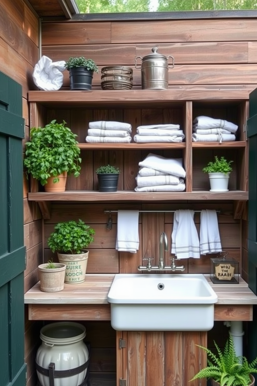 A cozy outdoor laundry room featuring reclaimed wood accents and a vintage farmhouse sink. The space is adorned with open shelving made of distressed wood, showcasing neatly folded linens and potted herbs.