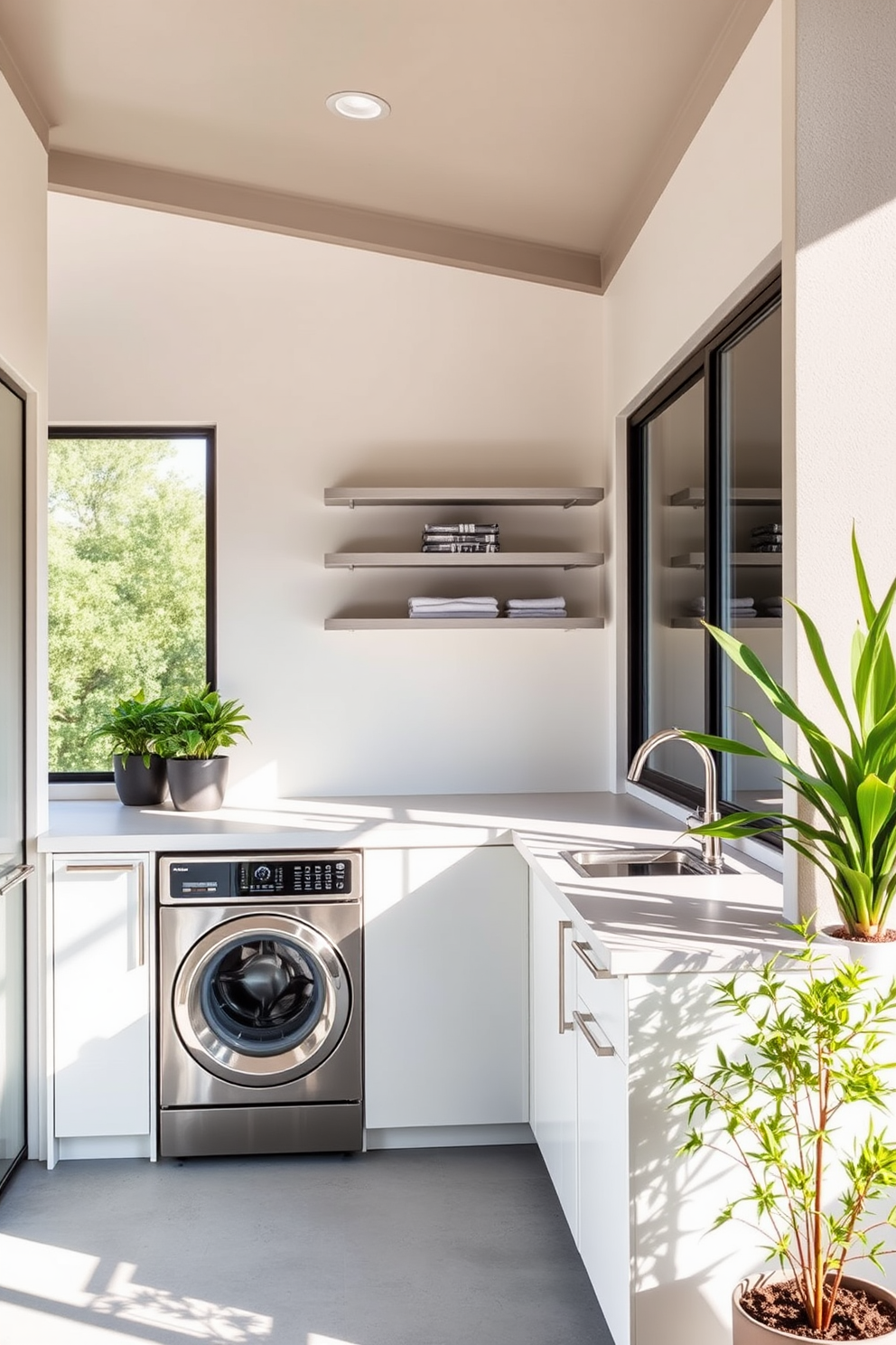 A sleek modern outdoor laundry room features stainless steel appliances seamlessly integrated into a minimalist design. The space is adorned with clean lines and a neutral color palette, complemented by ample natural light streaming in through large windows. Functional storage solutions are incorporated, including wall-mounted shelves and cabinets that maintain an uncluttered aesthetic. A stylish countertop made of durable materials provides a perfect space for folding laundry, while potted plants add a touch of greenery to the environment.