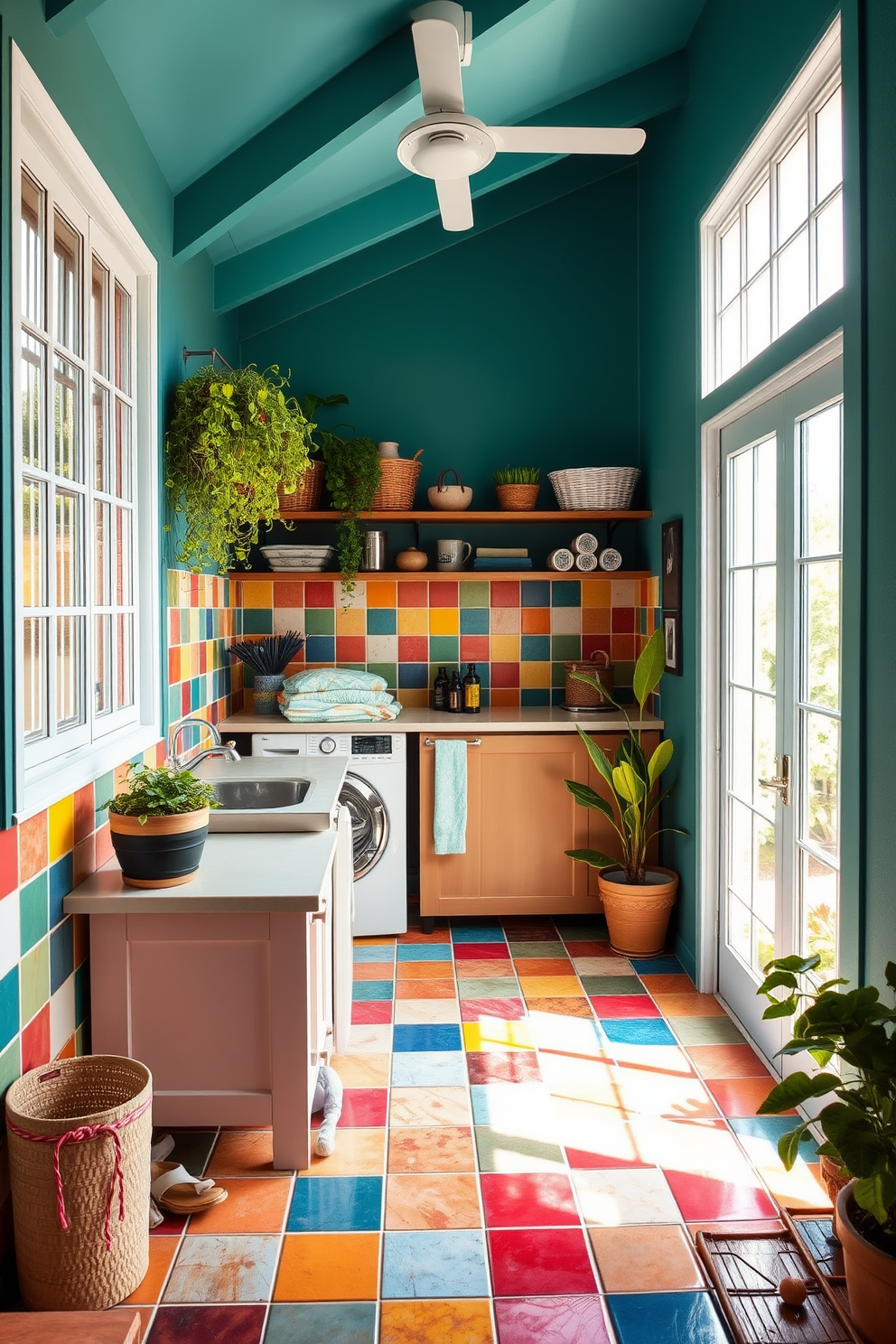 A vibrant outdoor laundry room features colorful tiles that create a lively and cheerful atmosphere. The space is brightened by natural light streaming in from large windows, enhancing the playful hues of the tiles. Incorporating functional elements, the room includes a sturdy countertop for folding clothes and ample storage for laundry essentials. Potted plants and decorative accents add a touch of greenery, making the laundry area feel inviting and fresh.