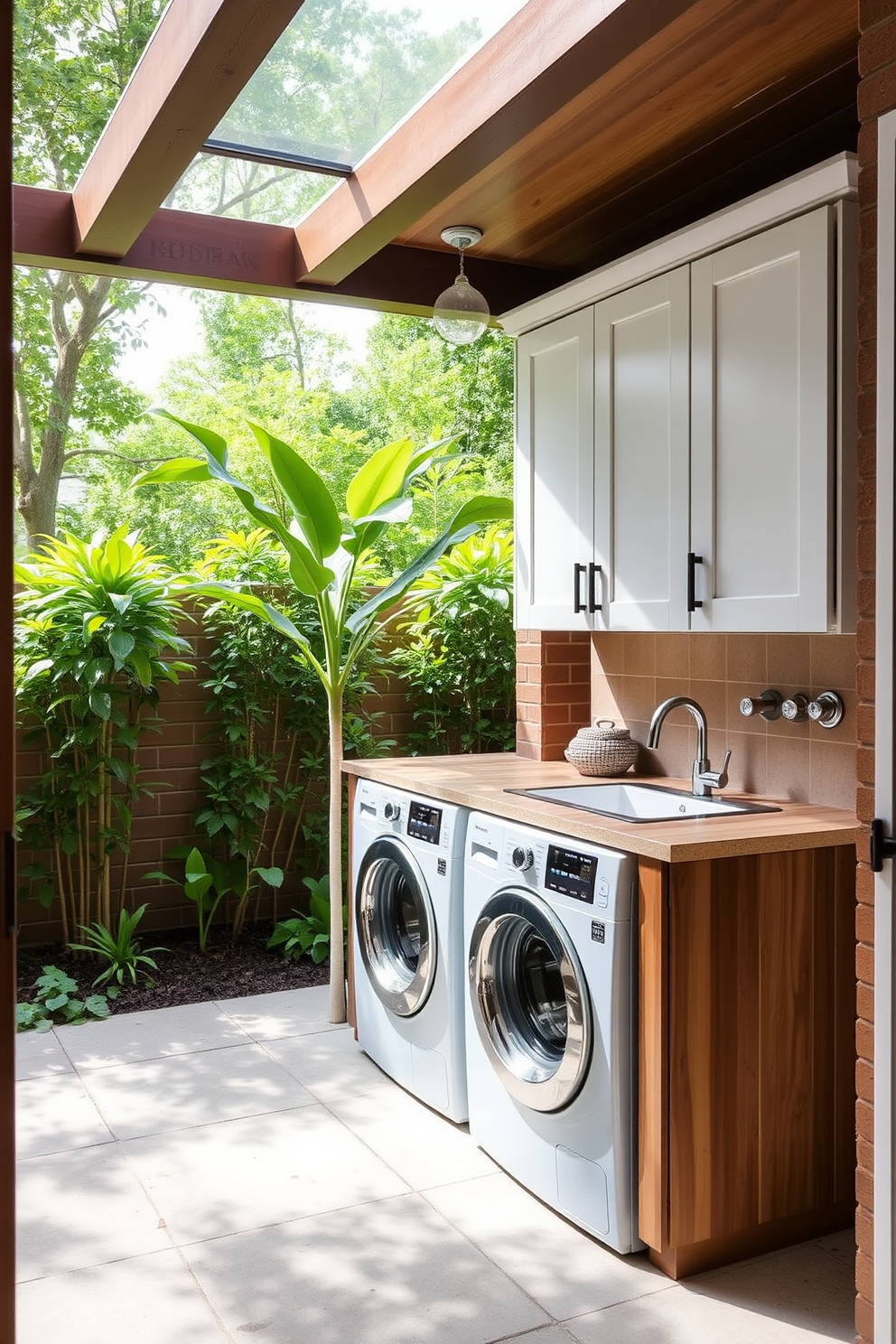 A functional outdoor laundry room features an integrated laundry sink designed for convenience. The space is equipped with ample storage cabinets and a countertop for folding clothes, surrounded by lush greenery for a serene atmosphere.