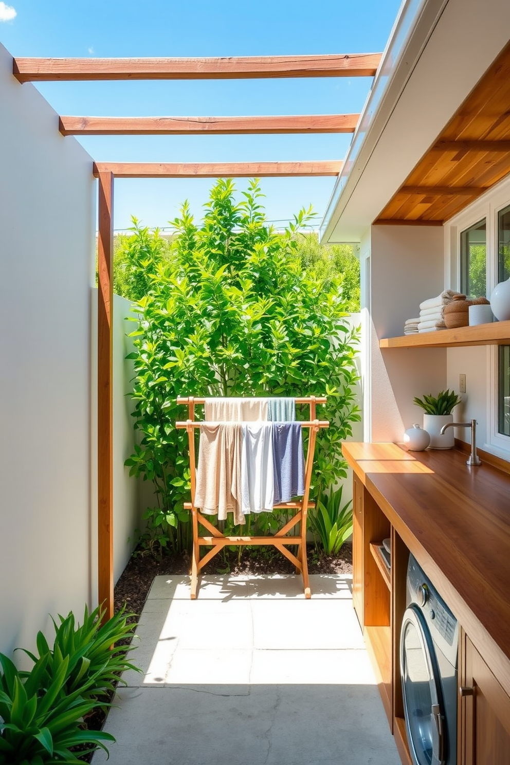 A charming outdoor laundry space features a rustic wooden drying rack positioned under a bright blue sky. Vibrant green plants surround the area, creating a serene and eco-friendly atmosphere. The laundry room is designed with natural materials, showcasing a wooden countertop and open shelving for storage. Soft, neutral colors enhance the inviting feel, while large windows allow ample natural light to flood the space.