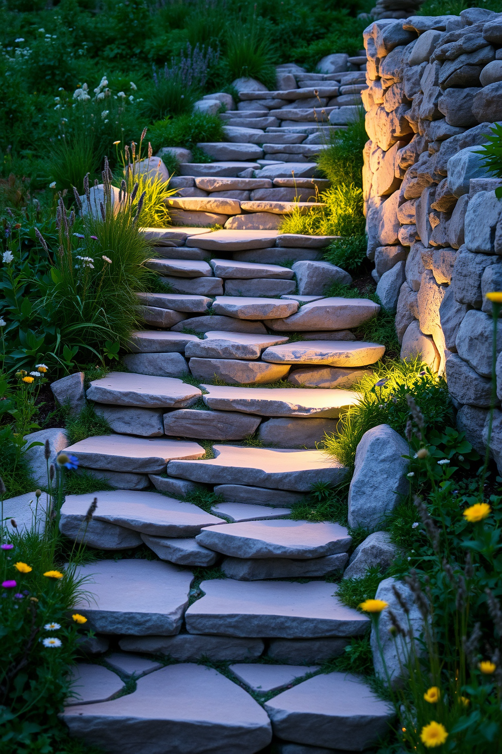 Natural stone steps create a rustic charm that blends seamlessly with the surrounding landscape. Each step is uniquely shaped, showcasing the natural variations in color and texture, inviting a sense of warmth and authenticity. The staircase winds gently through lush greenery, flanked by wildflowers and native plants. Soft lighting illuminates the path at dusk, enhancing the natural beauty and providing a welcoming ambiance.