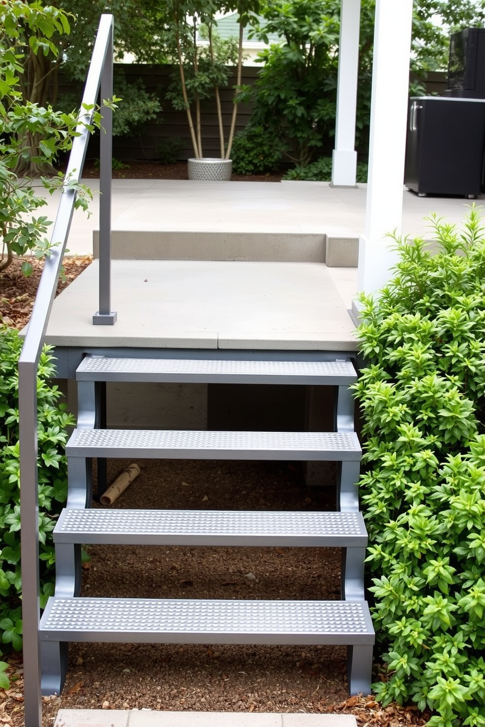 Minimalist steel stairs with clean lines lead gracefully from the ground level to a serene outdoor space. The steps are surrounded by lush greenery, creating a harmonious blend of modern design and natural beauty.