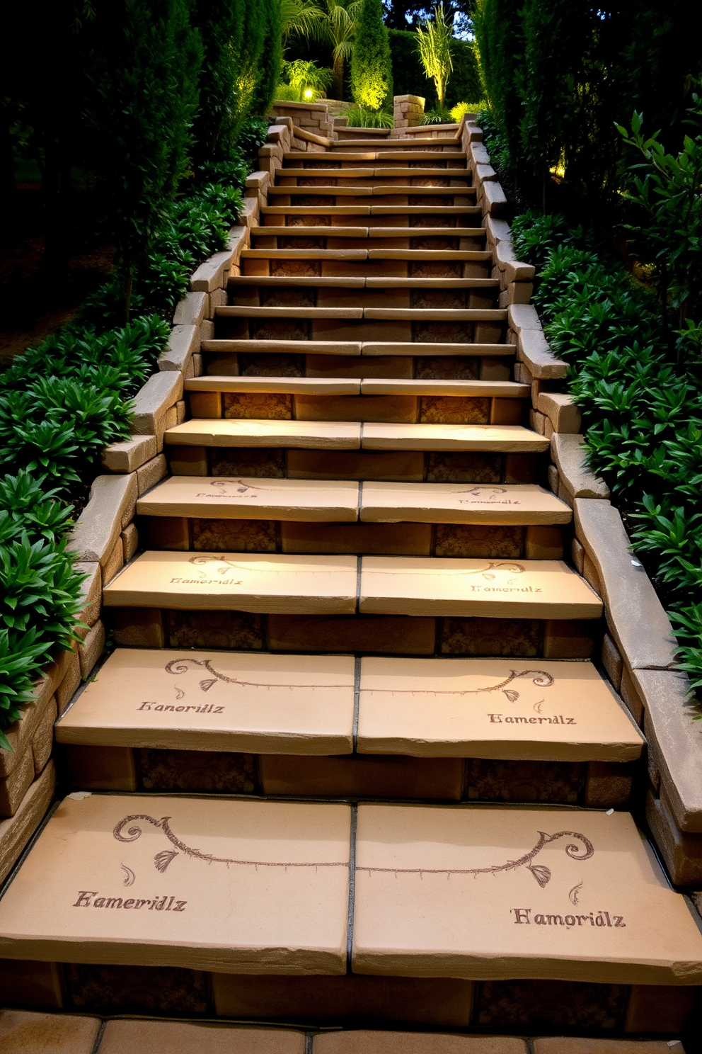 Terraced steps with decorative stone accents create an inviting outdoor space. The staircase features varying widths and heights, complemented by lush greenery on either side. Each step is adorned with intricate stone patterns that enhance the overall aesthetic. Soft landscape lighting highlights the beauty of the staircase at night, making it a stunning focal point.