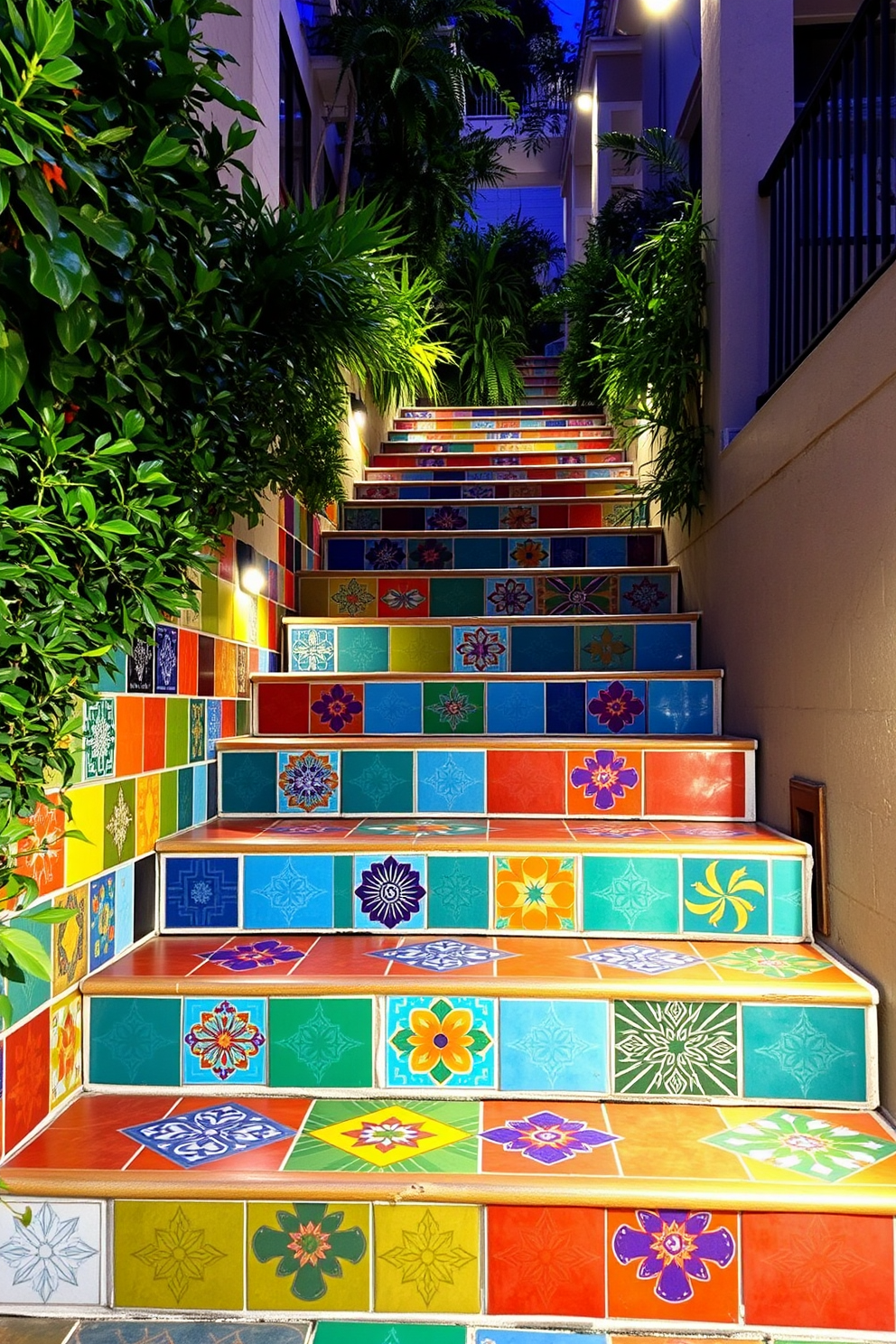 A stunning outdoor staircase features colorful tiles in a variety of vibrant hues, creating an inviting and lively atmosphere. Each step is adorned with unique patterns, seamlessly blending functionality with artistic expression. Surrounding the staircase, lush greenery enhances the vibrant aesthetics, providing a natural contrast to the colorful tiles. Soft lighting illuminates the steps at night, ensuring safety while highlighting the beauty of the design.