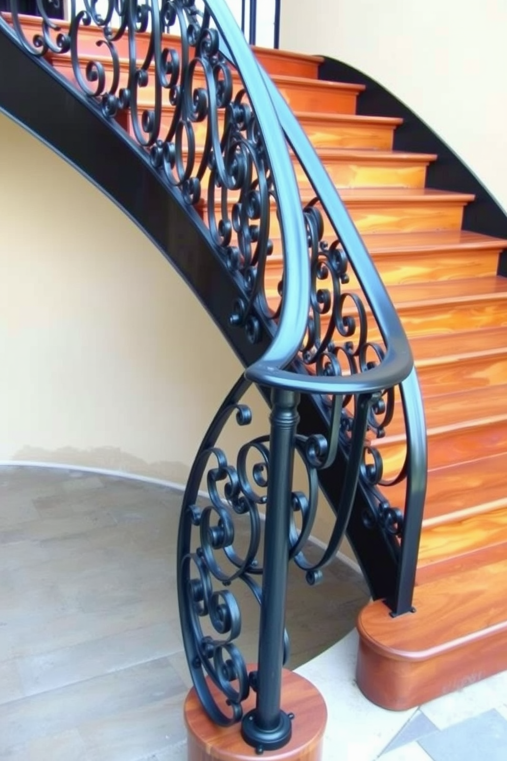 A stunning outdoor staircase features a wrought iron railing that elegantly curves along the sides. The steps are crafted from rich, warm wood, creating a beautiful contrast with the intricate black metalwork.