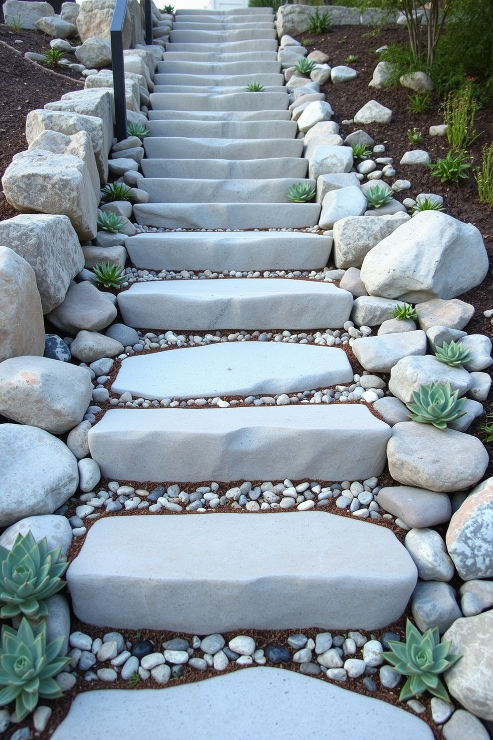 A serene outdoor staircase design featuring a zen-inspired rock garden. The staircase is flanked by smooth river stones and carefully placed succulents, creating a tranquil pathway that invites relaxation.