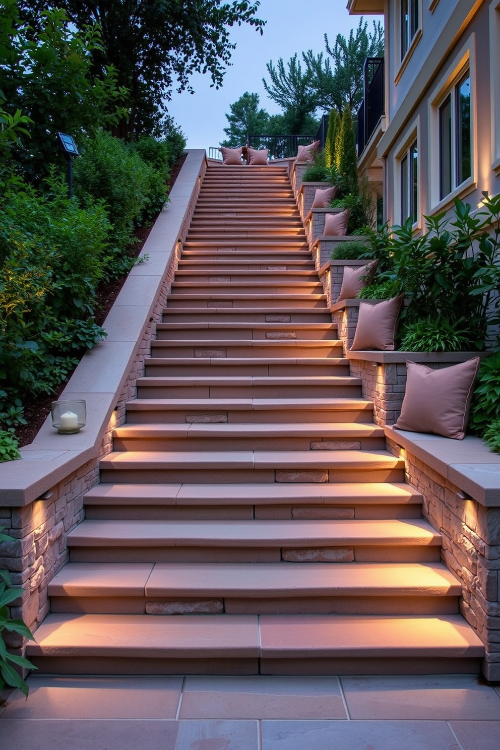 A stunning outdoor staircase features built-in seating areas along the sides, inviting relaxation and conversation. The steps are crafted from natural stone, with lush greenery surrounding the staircase to enhance the serene atmosphere. Each seating area is adorned with plush cushions in earthy tones, providing comfort and style. Soft ambient lighting is integrated into the staircase design, illuminating the path and creating an inviting evening ambiance.