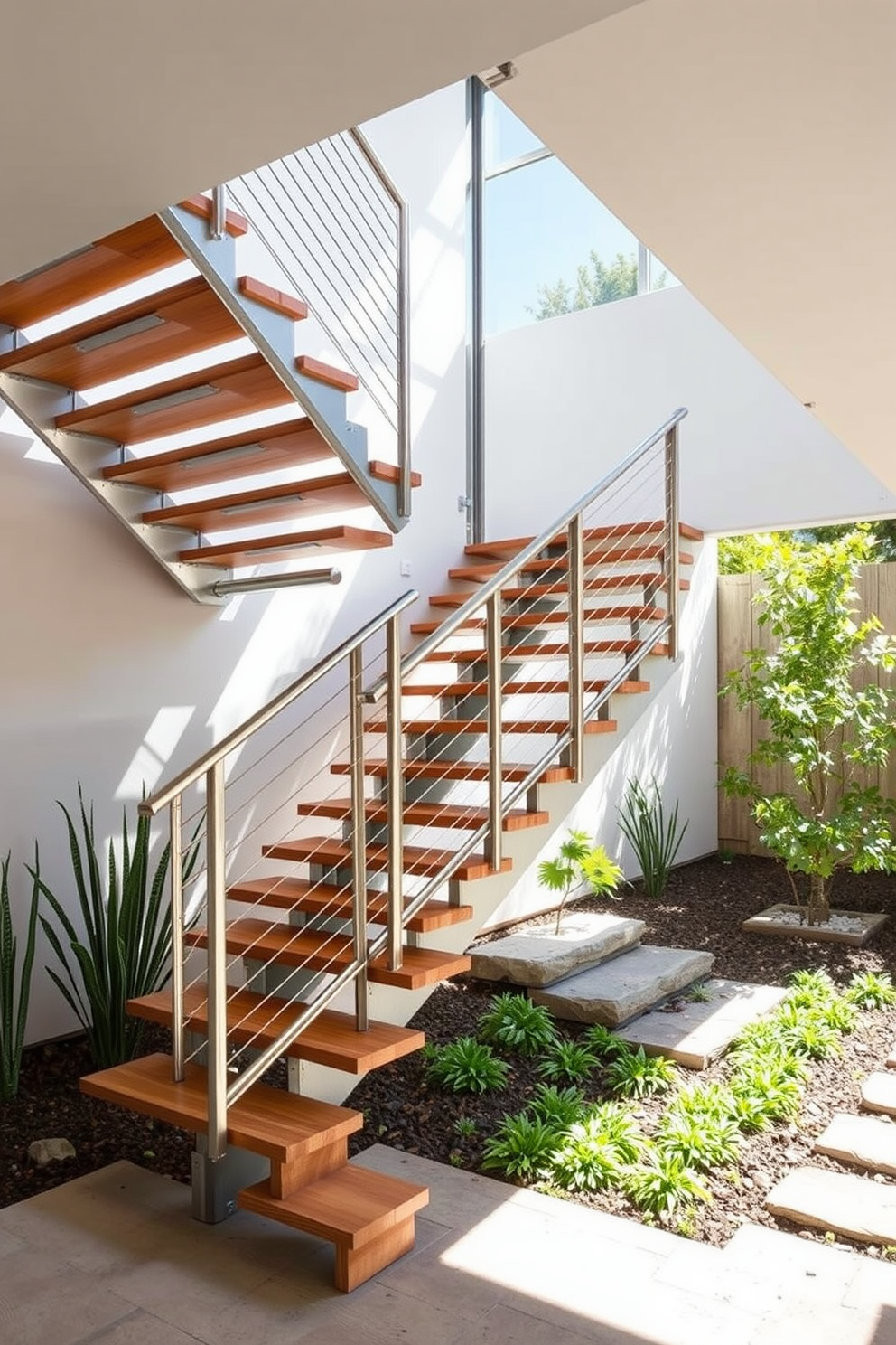 Asymmetrical stairs create a striking focal point in modern architecture. The staircase features varying step heights and widths, crafted from sleek metal and warm wood for a balanced aesthetic. Outdoor staircase design ideas incorporate natural elements and landscaping. The steps blend seamlessly into the surrounding garden, using stone materials that complement the outdoor environment.