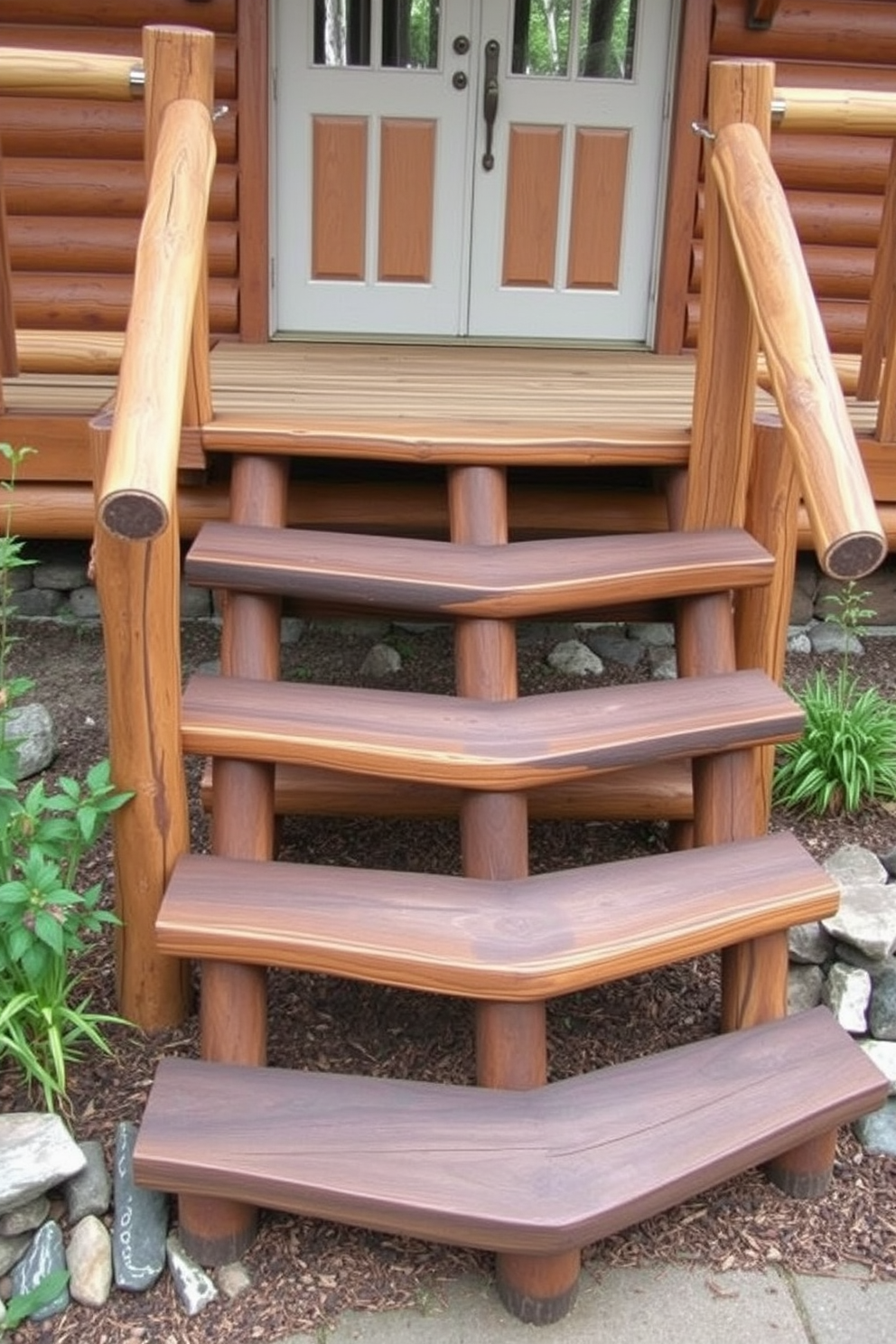 Rustic log steps create a charming and inviting entrance to your cabin. The natural wood texture complements the surrounding landscape, enhancing the outdoor aesthetic. Consider incorporating sturdy handrails made from reclaimed wood for added safety and style. Surround the staircase with native plants and stones to blend seamlessly with the rustic environment.