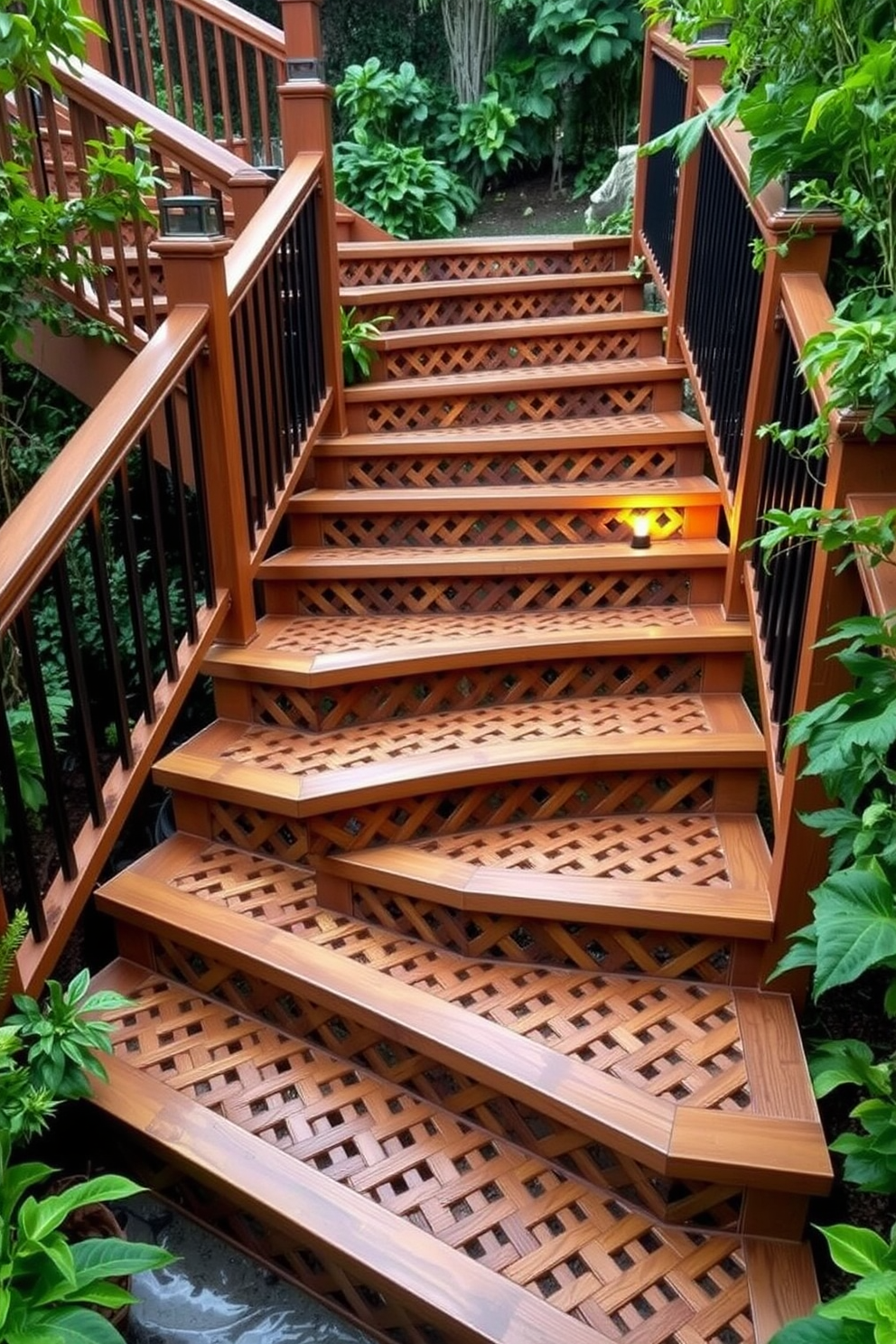 A striking outdoor staircase features lattice-patterned wooden steps that create a unique visual appeal. The surrounding landscape is adorned with lush greenery, enhancing the natural beauty of the staircase. The staircase is framed by elegant railings that complement the wooden design. Soft outdoor lighting highlights the intricate patterns of the steps, making it a stunning focal point in the garden.