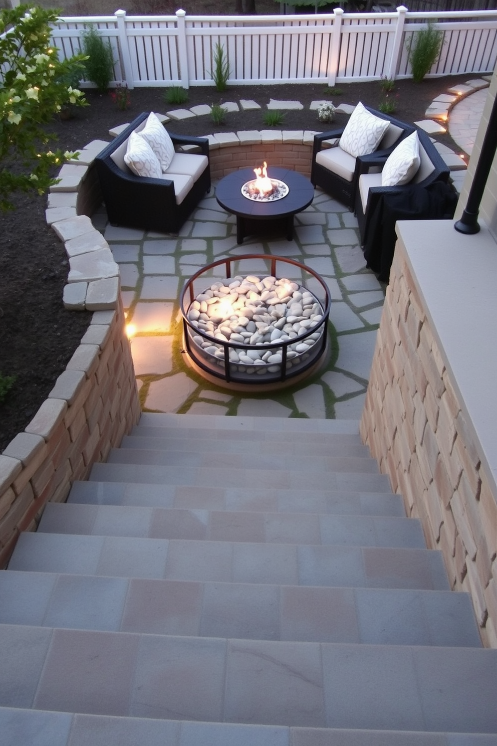 Outdoor steps leading to a fire pit. The steps are made of natural stone, gently curving down to a cozy fire pit surrounded by comfortable seating. The fire pit features a circular design with a modern steel frame, filled with smooth river stones. Soft outdoor lighting illuminates the area, creating an inviting atmosphere for evening gatherings.