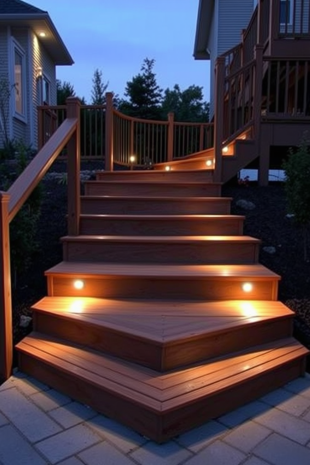 A stunning outdoor staircase featuring wooden deck stairs that seamlessly blend with the surrounding landscape. Built-in lighting illuminates each step, creating a warm and inviting atmosphere for evening gatherings.