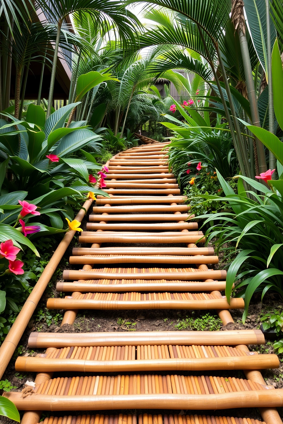 A serene outdoor staircase design featuring bamboo steps that seamlessly blend with the lush tropical surroundings. The steps are framed by vibrant greenery and colorful flowers, creating a tranquil pathway that invites exploration.