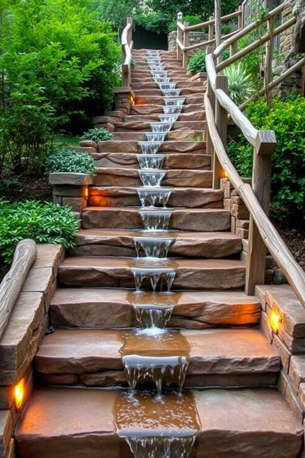 A stunning outdoor staircase winds gracefully through a lush garden, featuring natural stone steps that blend seamlessly with the surrounding landscape. At each landing, a serene water feature flows gently, creating a tranquil ambiance and enhancing the beauty of the staircase. The handrails are crafted from weathered wood, complementing the rustic charm of the setting. Soft outdoor lighting illuminates the path, highlighting the cascading water and inviting guests to explore the enchanting outdoor space.