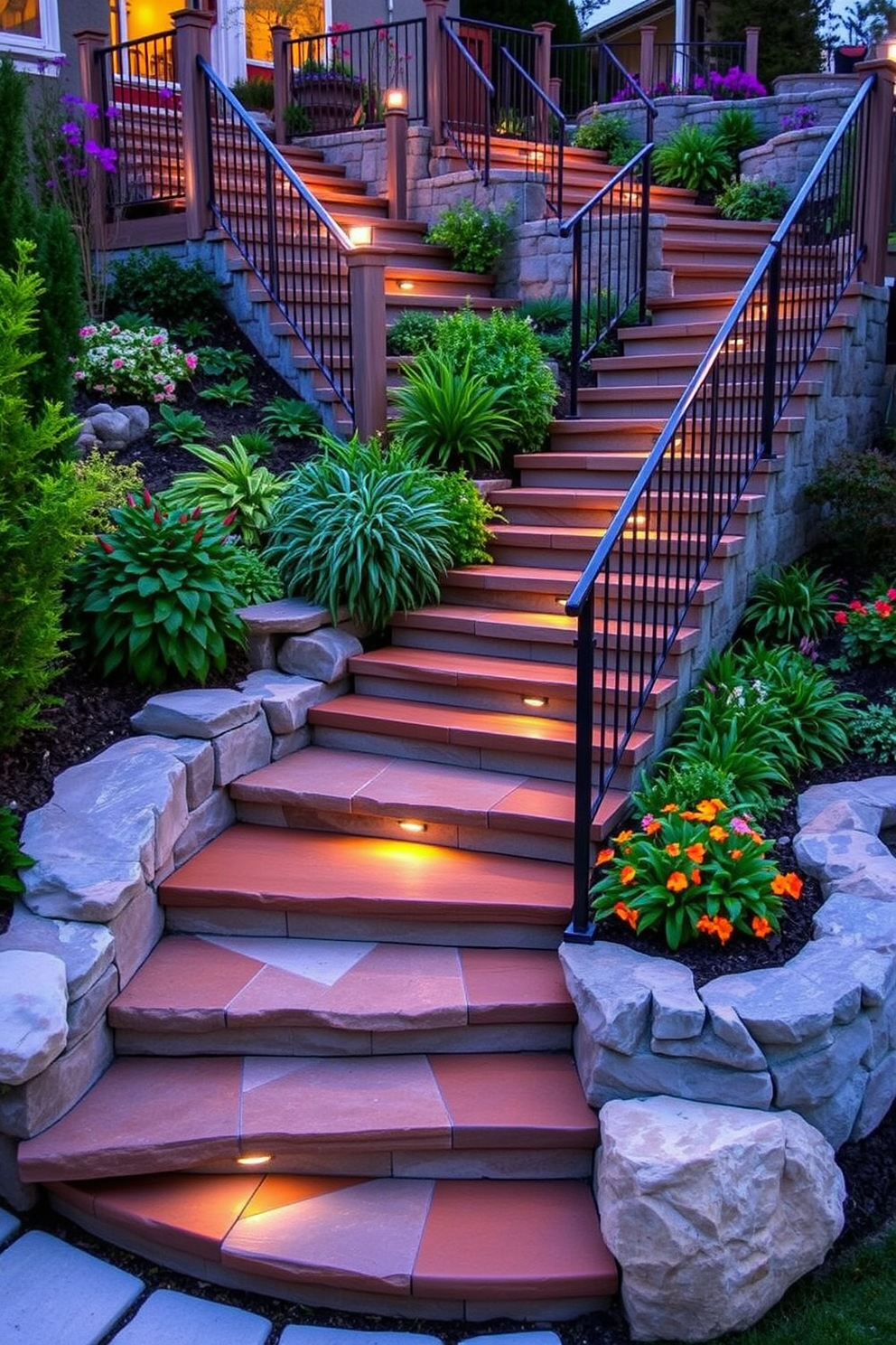 A stunning multi-level staircase cascades through a beautifully landscaped garden. Each level features a mix of natural stone and wooden steps, surrounded by lush greenery and vibrant flowers. The staircase is illuminated by strategically placed outdoor lighting, highlighting the texture of the materials. Railings made of wrought iron add an elegant touch, complementing the overall aesthetic of the outdoor space.