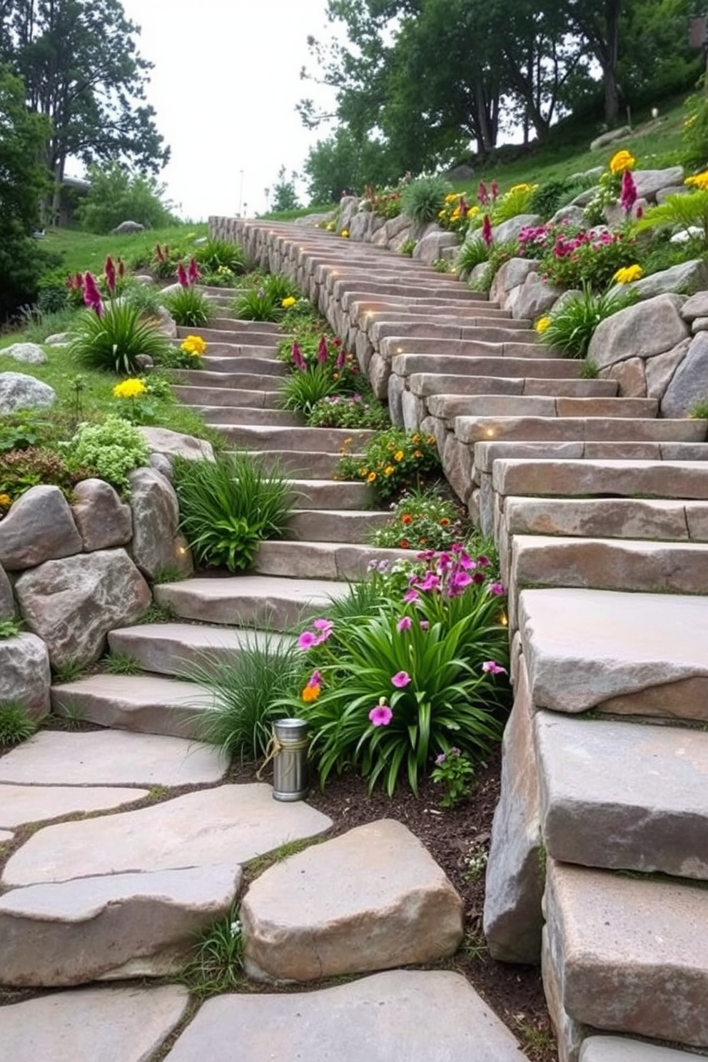 Cascading stone steps wind gracefully through a lush hillside garden. Each step is crafted from large, natural stones, interspersed with vibrant greenery and colorful flowers that enhance the organic feel of the landscape. The staircase features gentle curves that invite exploration and create a sense of tranquility. Soft lighting along the edges highlights the beauty of the stonework during the evening, adding a magical touch to the outdoor space.