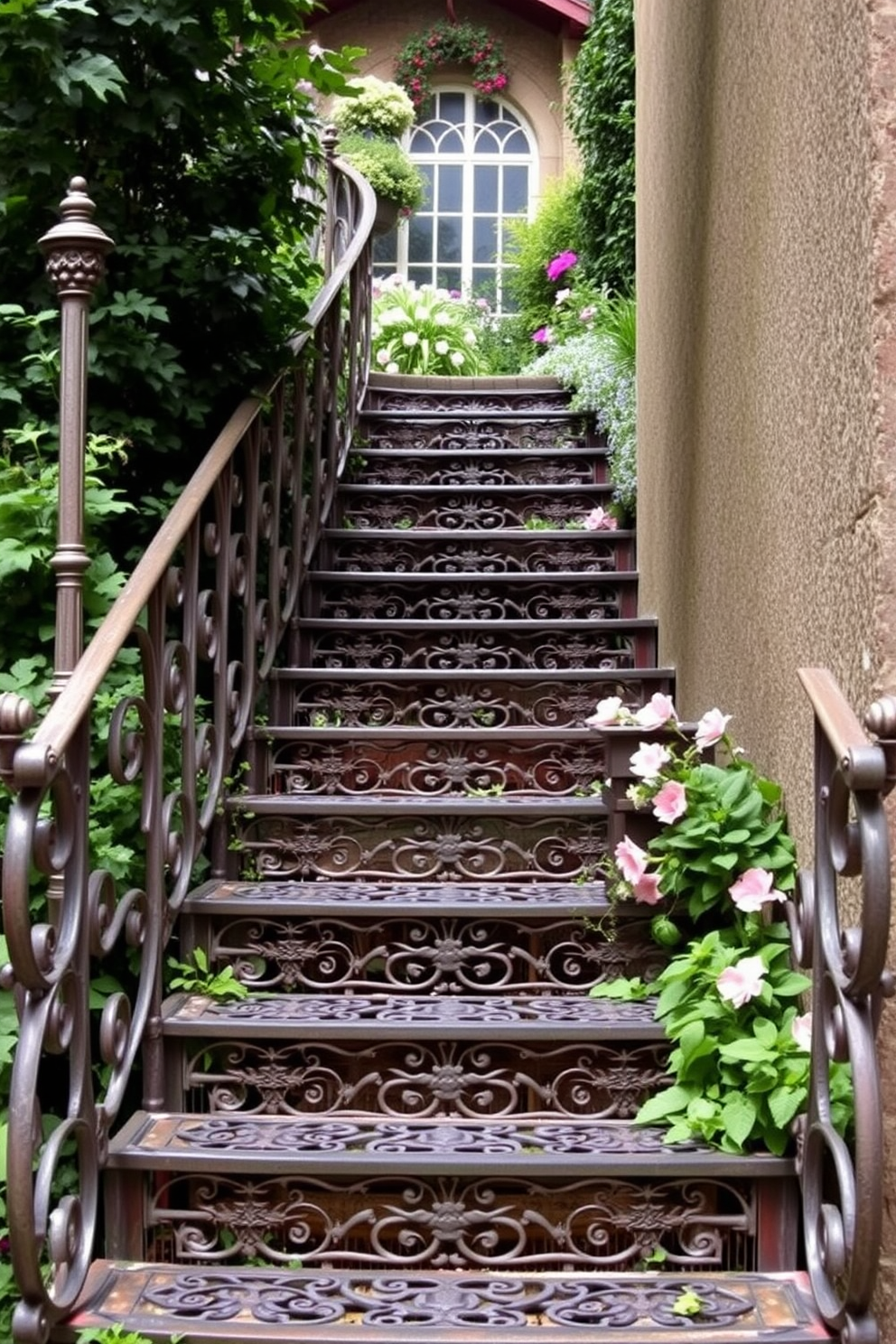 Vintage wrought iron steps with intricate detailing lead gracefully to a charming garden. The staircase is surrounded by lush greenery and colorful flowers, creating a picturesque outdoor setting.