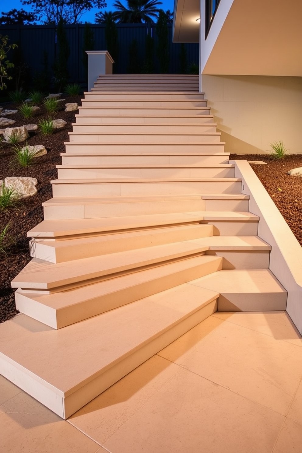 A striking outdoor staircase design featuring geometric concrete steps that lead gracefully from one level to another. The steps are arranged in a staggered pattern, creating a dynamic visual flow that enhances the modern aesthetic of the surrounding landscape.