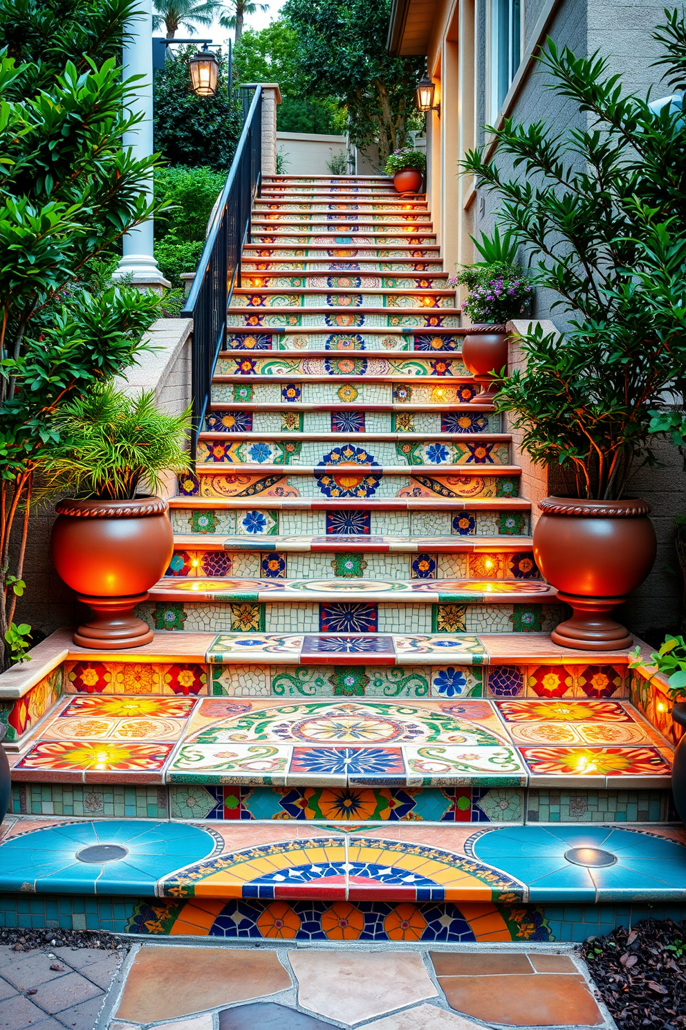 A stunning outdoor staircase featuring artistic mosaic tile designs that create a vibrant and inviting atmosphere. The tiles showcase a variety of colors and patterns, seamlessly blending with the surrounding landscape. The staircase is framed by lush greenery and decorative planters, enhancing its visual appeal. Soft outdoor lighting illuminates the steps, highlighting the intricate details of the mosaic work.