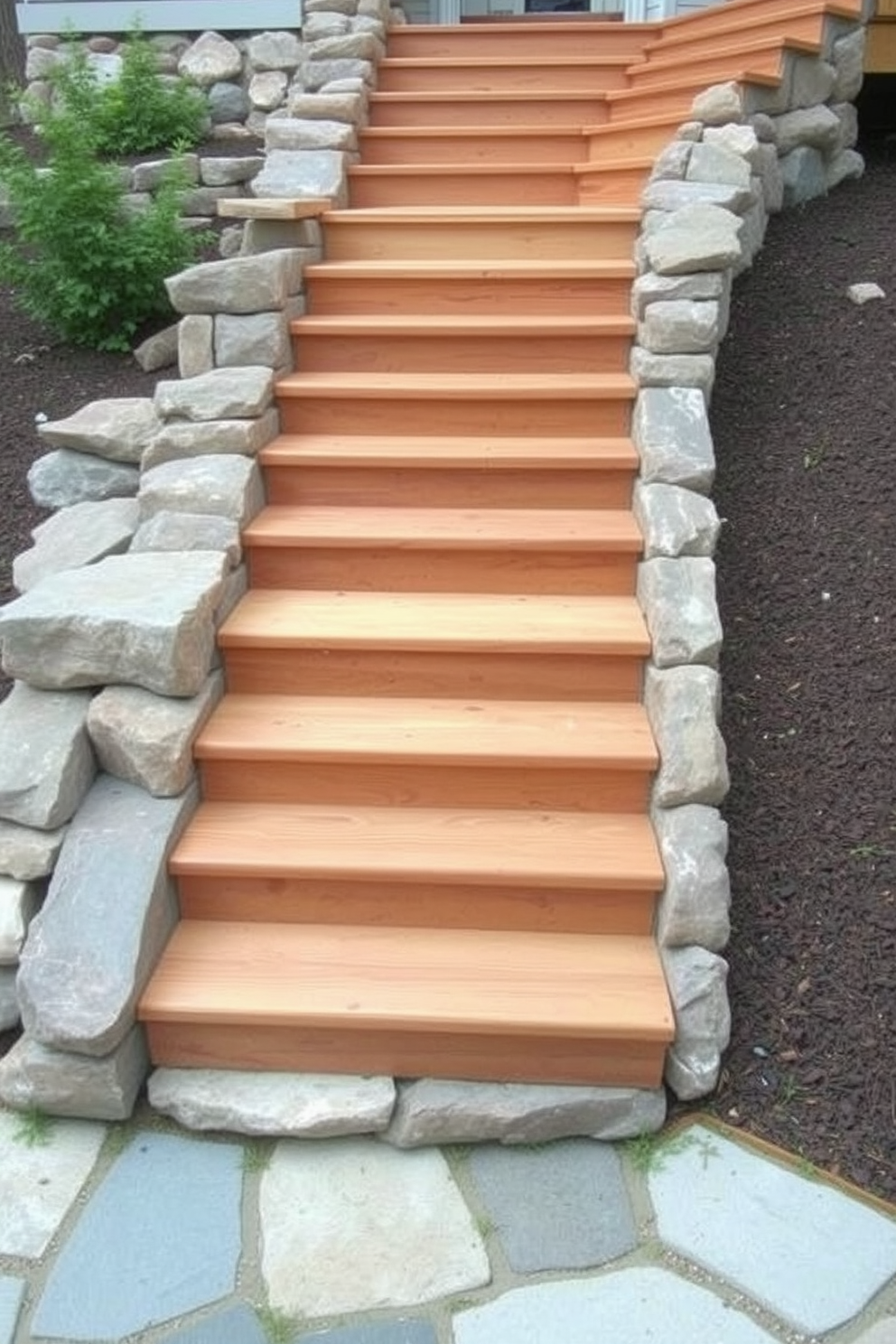 A stunning outdoor staircase featuring a combination of natural wood and stone elements. The steps are crafted from smooth, warm-toned wood, seamlessly blending with the rugged texture of the stone, creating an inviting and harmonious pathway.