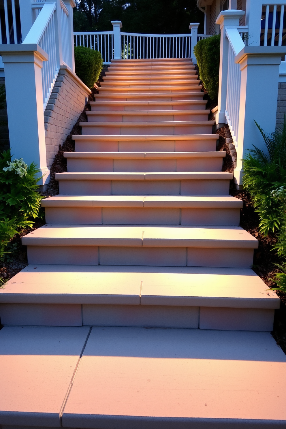 A stunning outdoor staircase features steps with integrated lighting that illuminates each tread for safety. The staircase is surrounded by lush landscaping, enhancing the natural beauty of the design.