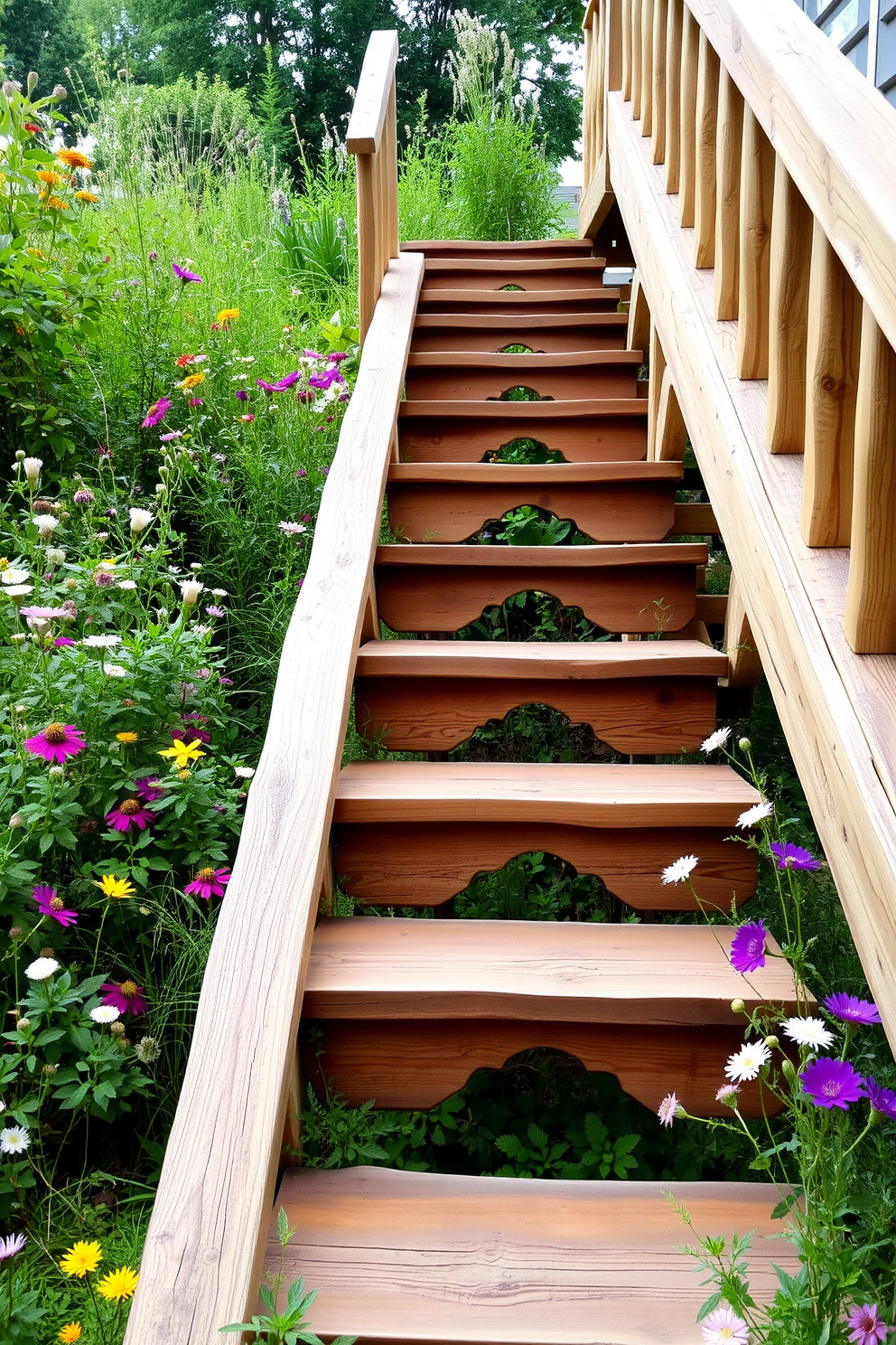 A rustic outdoor staircase made of timber with a natural finish. The steps are wide and sturdy, leading gracefully through a lush garden filled with wildflowers and greenery.