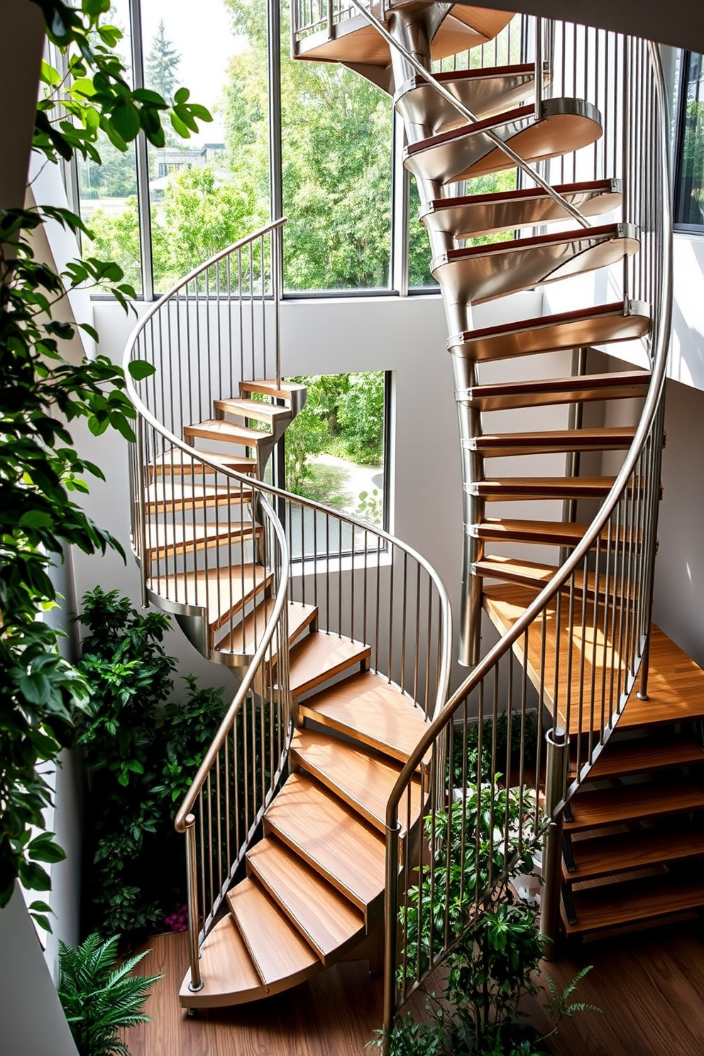 A stunning metal spiral staircase elegantly winds upwards, showcasing a sleek design with polished steel and minimalist railings. Surrounding the staircase, natural light floods in from large windows, highlighting the contemporary aesthetic of the space. The outdoor staircase features a combination of durable wood and metal, seamlessly integrating with the surrounding landscape. Lush greenery frames the stairs, creating a harmonious blend of nature and modern architecture.