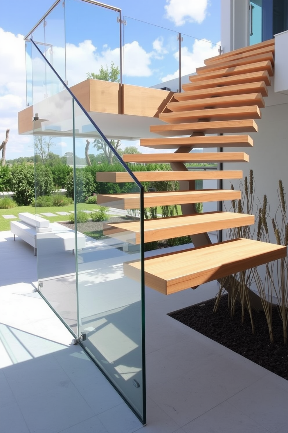 A stunning outdoor staircase featuring floating steps made of natural wood. The steps are supported by a sleek glass railing that provides an unobstructed view of the surrounding landscape.