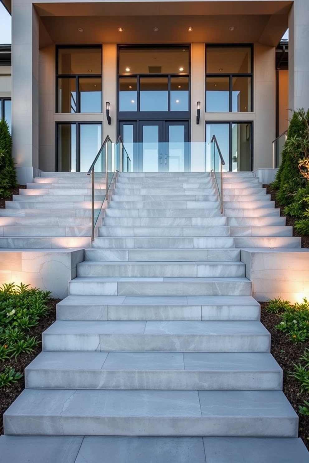 Wide concrete steps create a striking grand entrance that invites guests into a luxurious home. The steps are flanked by elegant landscaping, featuring lush greenery and strategically placed lighting to enhance the architectural beauty. The staircase design incorporates smooth, polished concrete with subtle texture for added interest. A modern railing made of glass and metal complements the clean lines of the steps, providing safety without obstructing the view.