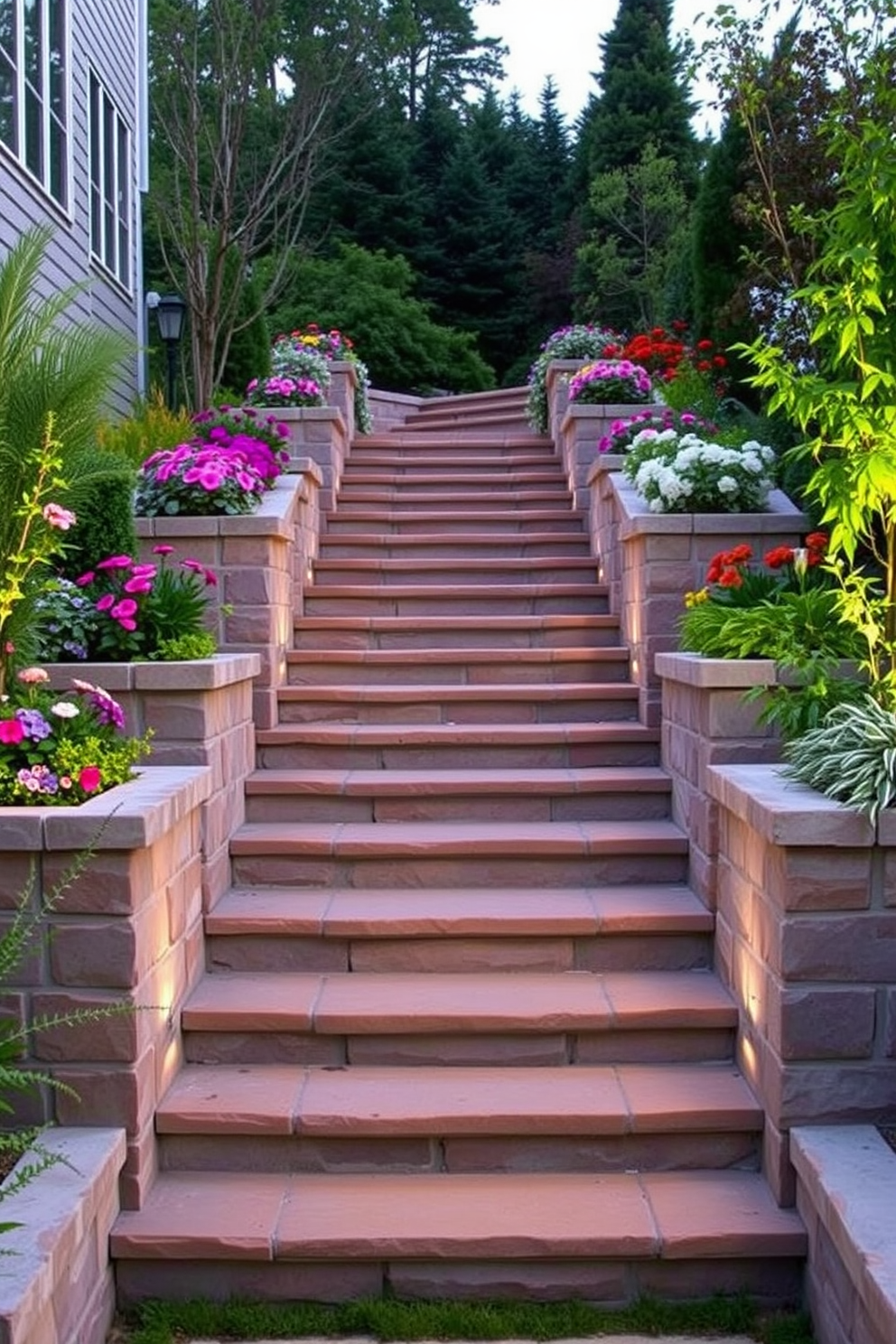 A beautiful outdoor staircase leads up through a lush garden, featuring integrated planters on either side filled with vibrant flowers and greenery. The steps are made of natural stone, harmonizing with the surrounding landscape, while soft lighting highlights the pathway during the evening.