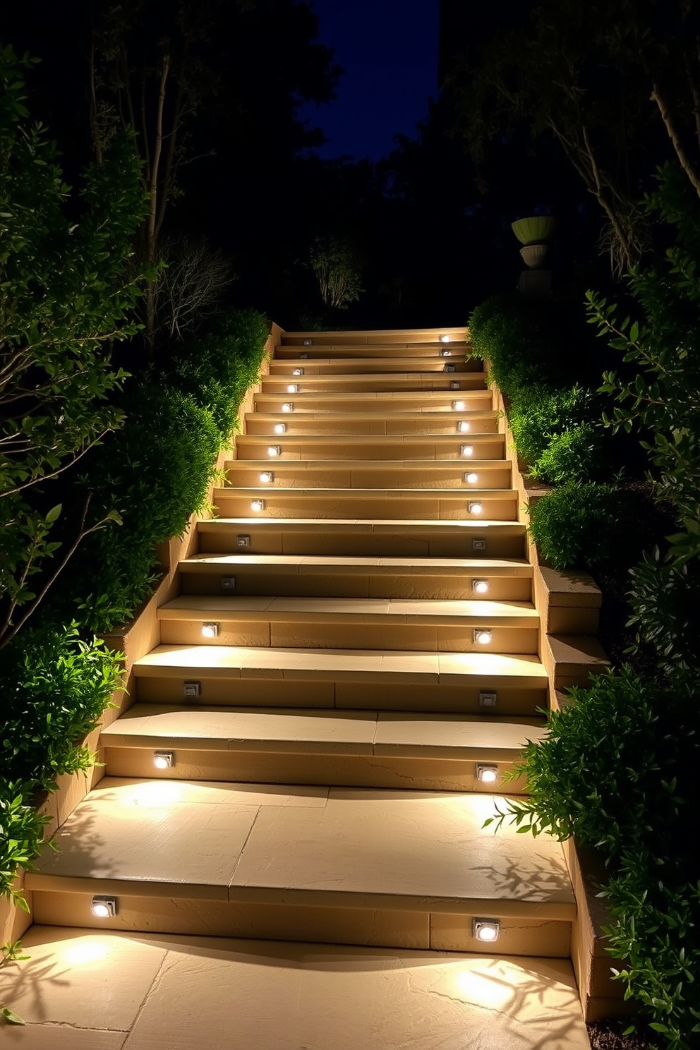 Illuminated pathway stairs for night safety. Soft lighting fixtures line the edges of each step, creating a warm glow that guides the way. The staircase is crafted from natural stone with a sleek, modern design. Surrounding the stairs, lush landscaping enhances the ambiance and provides a serene atmosphere.