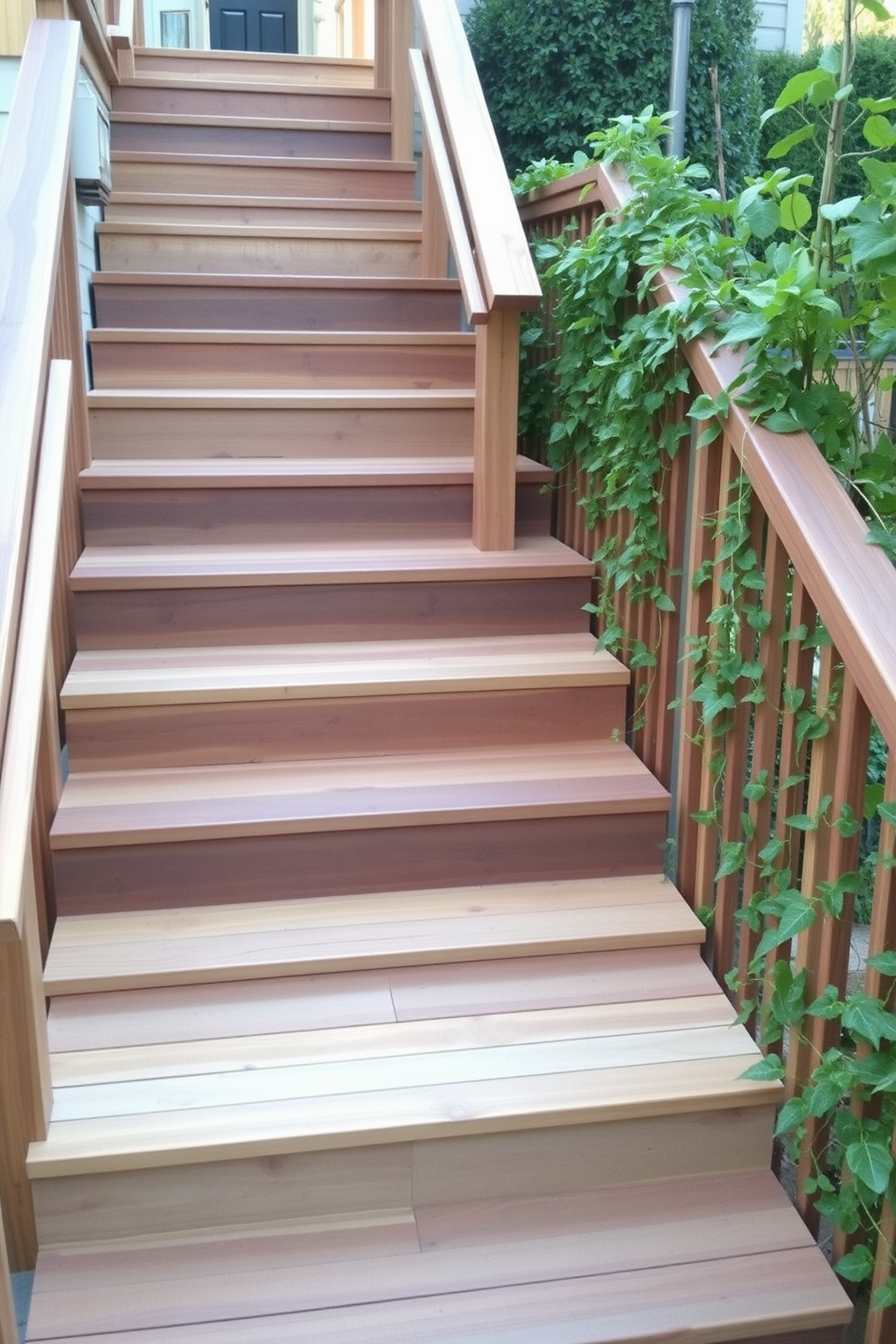 Reclaimed wood stairs create a warm and inviting atmosphere, showcasing the beauty of natural materials while promoting sustainability. The staircase features a mix of rustic charm and modern design, with sturdy handrails and a sleek finish that complements the surrounding outdoor space. Incorporating greenery alongside the stairs enhances the eco-friendly aesthetic, with planters or climbing vines adding life and color. The steps are designed with safety in mind, featuring non-slip surfaces and ample lighting to guide the way in an outdoor setting.