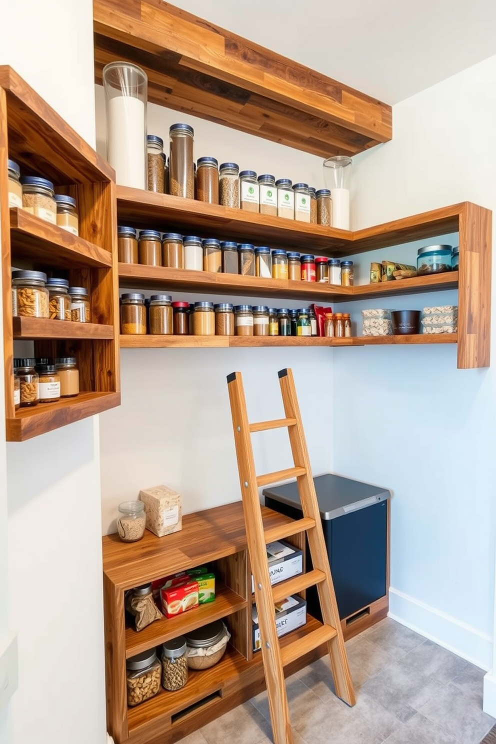 A modern pantry design featuring open shelving made of reclaimed wood for a rustic yet contemporary look. The shelves are filled with neatly organized jars of spices, grains, and snacks, creating an inviting and functional space. The walls are painted in a soft white to enhance brightness, while the floor is adorned with a light gray tile for easy cleaning. A small wooden ladder leans against the shelves, adding charm and accessibility to the top storage areas.