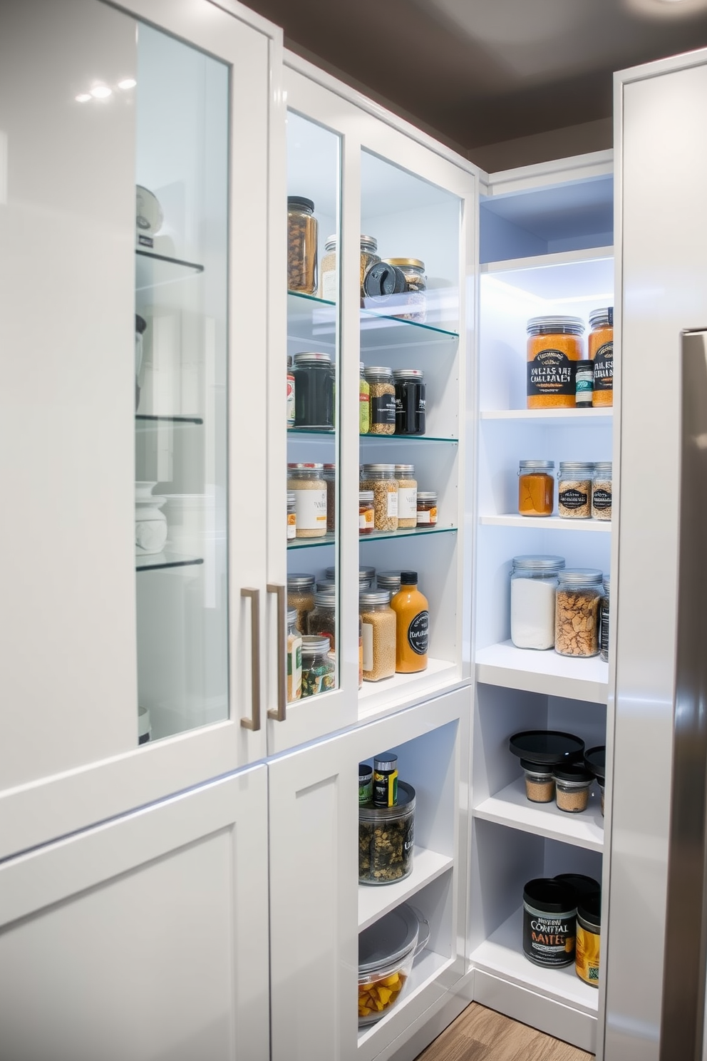 A modern pantry design featuring sleek white cabinetry with glass doors that showcase neatly organized jars and containers. The space is illuminated with bright LED strip lighting installed under the shelves, ensuring everything is easily visible and accessible.