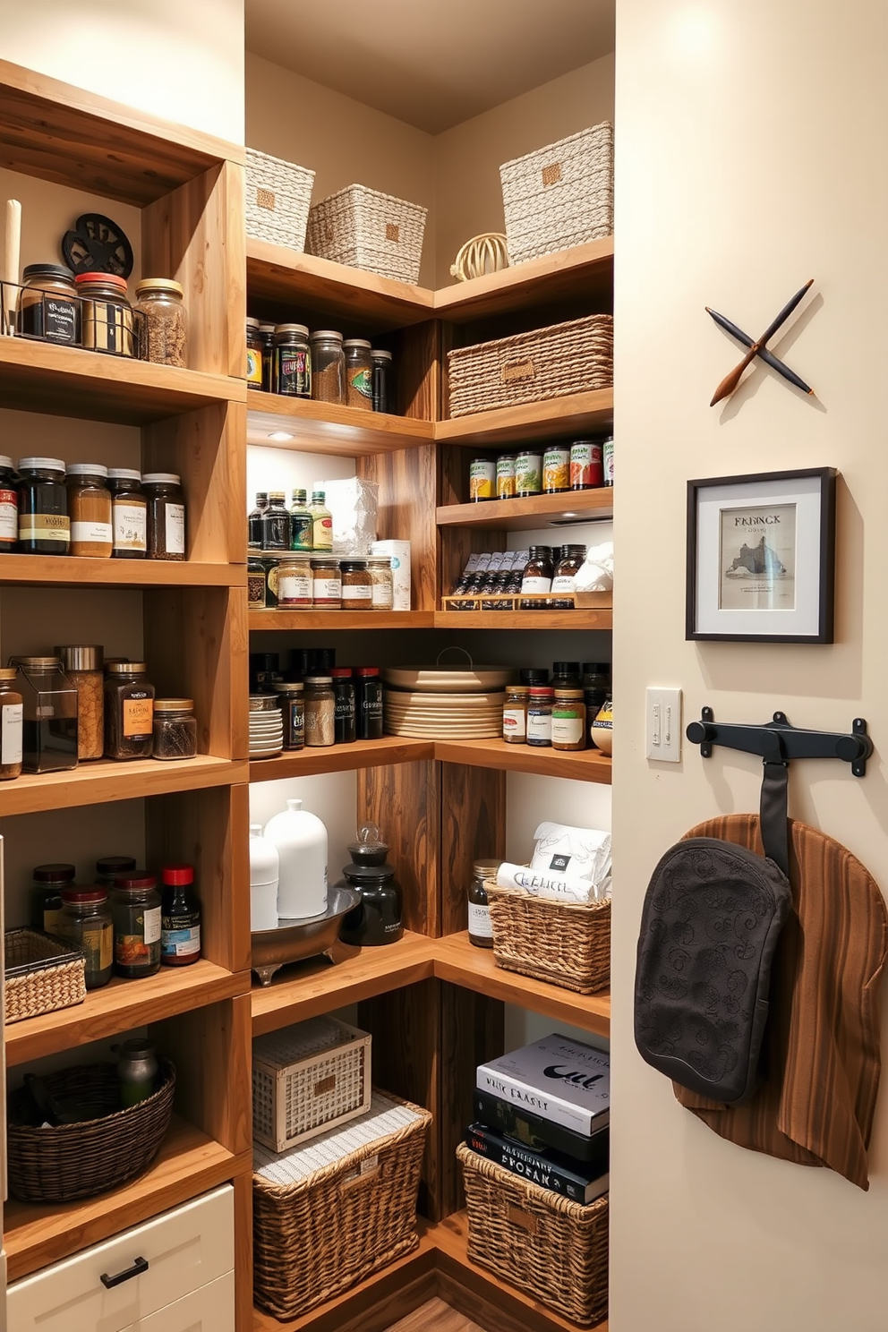 A cozy corner pantry with open shelving that maximizes space and functionality. The shelves are made of reclaimed wood and are neatly organized with jars of spices, canned goods, and decorative baskets. The walls are painted in a warm cream color to create an inviting atmosphere. Soft LED lighting illuminates the shelves, highlighting the curated collection of kitchen essentials and decorative items.